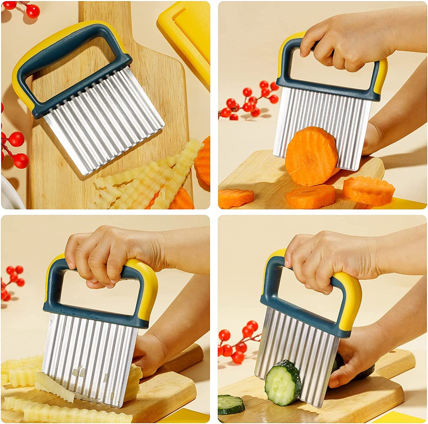 Crinkle Cutter Knife, Potatoes Crinkle Fry Cut and Vegetable Cutter for Veggies, Stainless Steel Carrot Slicer(Yellow)