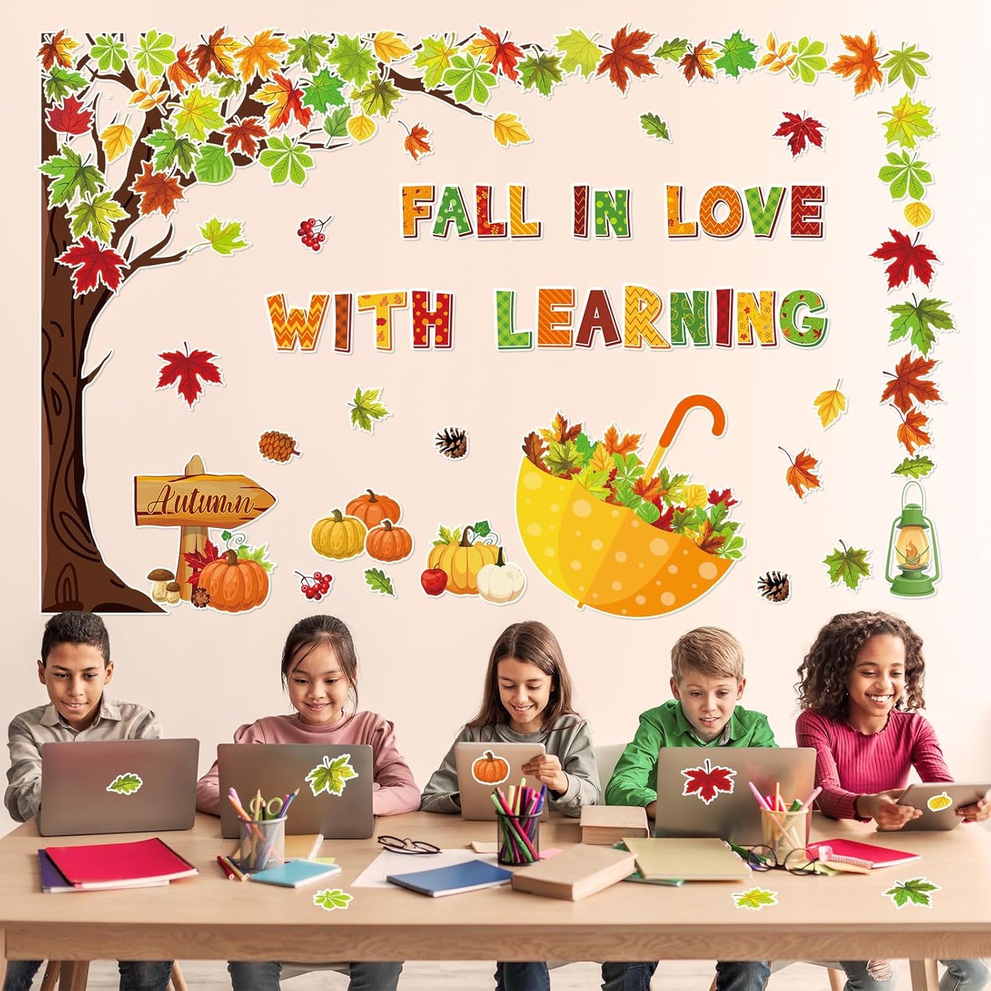 91Pcs Fall in Love with Learning Bulletin Board Decor Set Fall Tree Pumpkin Maple Leaves Umbrella Cutouts with Glue Points for Thanksgiving Autumn Home School Classroom Wall Blackboard Decorations