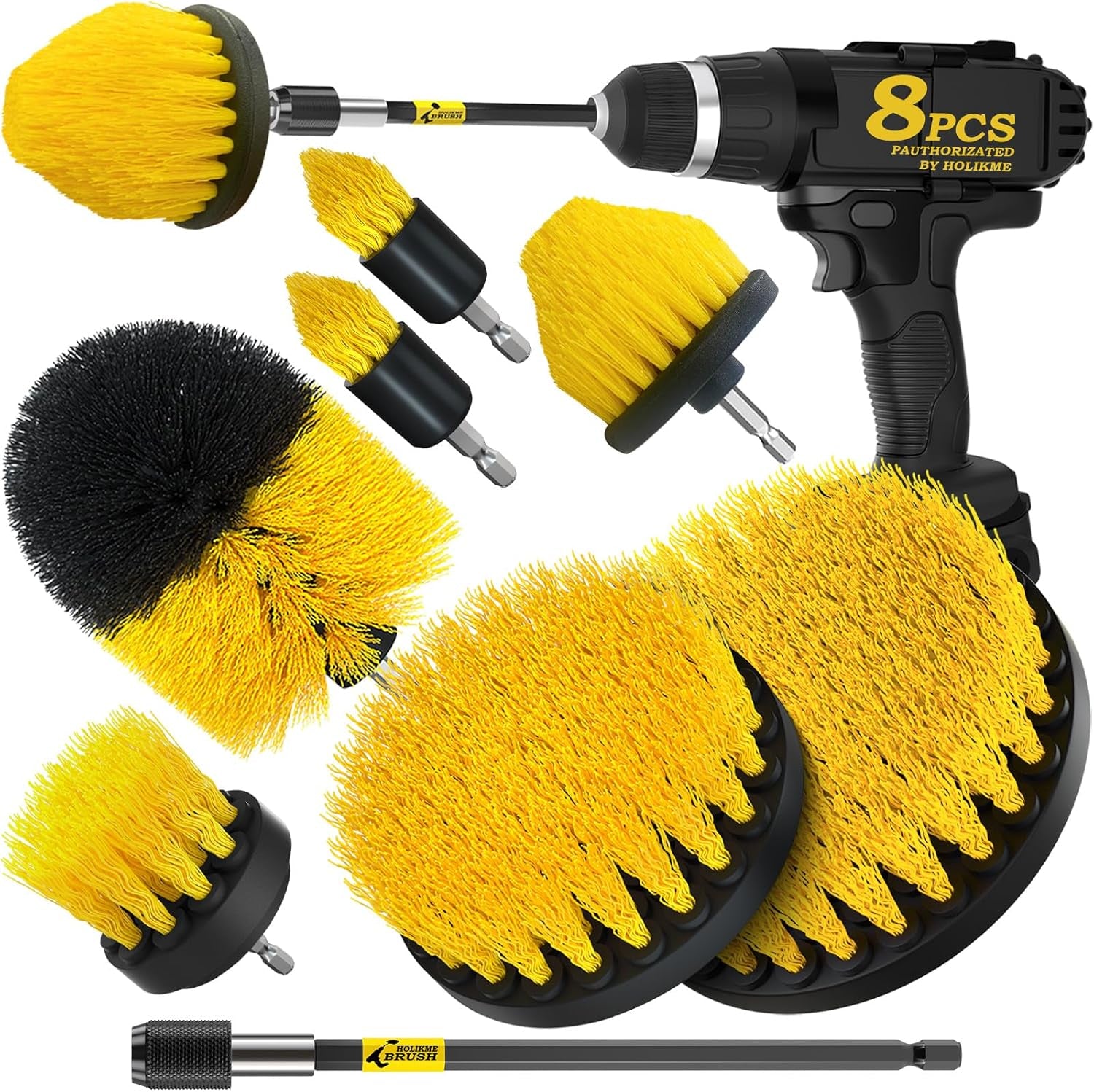 8 Piece Drill Brush Attachments Set, Power Scrubber with Extend Long Attachment,Cleaning Supplies for Bathtub, Shower, Grout, Tile(Yellow)