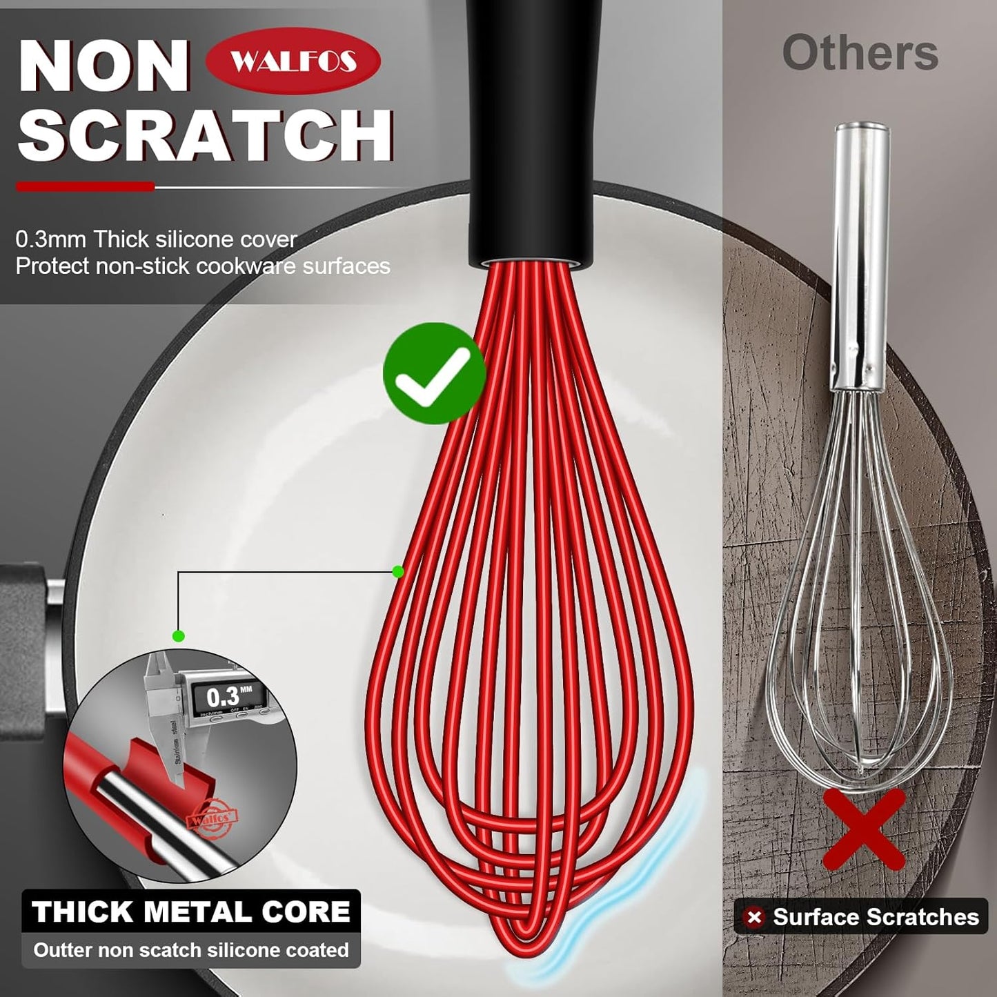 Silicone Whisk,12 Inch Red Whisk,Whisks for Cooking Non-Scratch Coated Kitchen Whisks.Perfect for Blending, Whisking, Beating, Frothing & Stirring.Dishwasher Safe.(1Pcs)