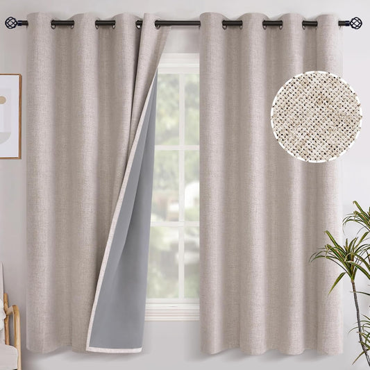 Linen Blackout Curtains 63 Inch Length for Bedroom, Grommet Thermal Insulated Black Out Window Drapes for Living Room Winter Room Darkening Blinds Privacy, 2 Panels, 52 X 63 Inch, Beige
