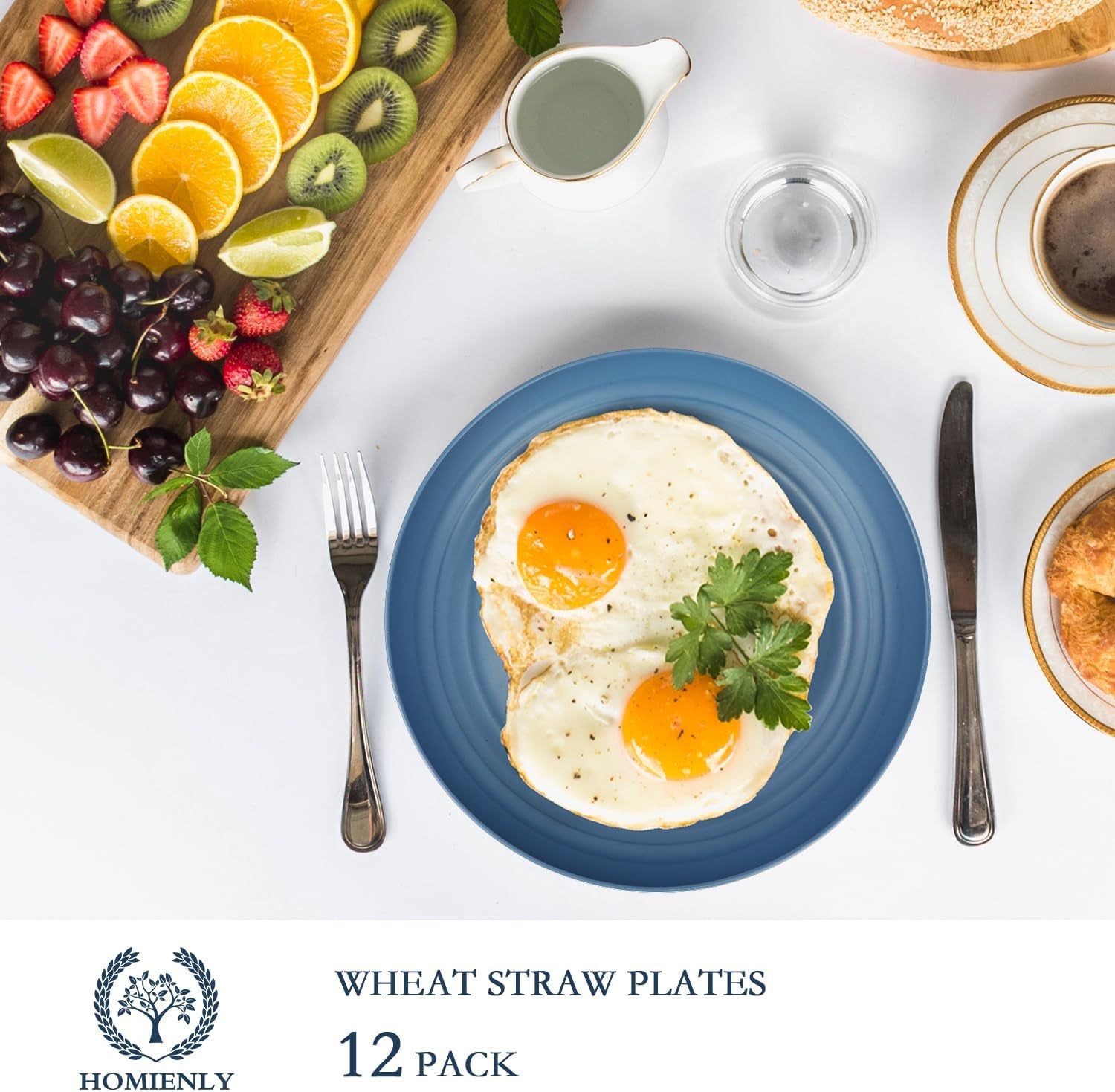 Eco-Friendly Wheat Straw Deep Dinner Set of 12 - Unbreakable Microwave and Dishwasher Safe Plates for Kids (Blue, 10 Inch)