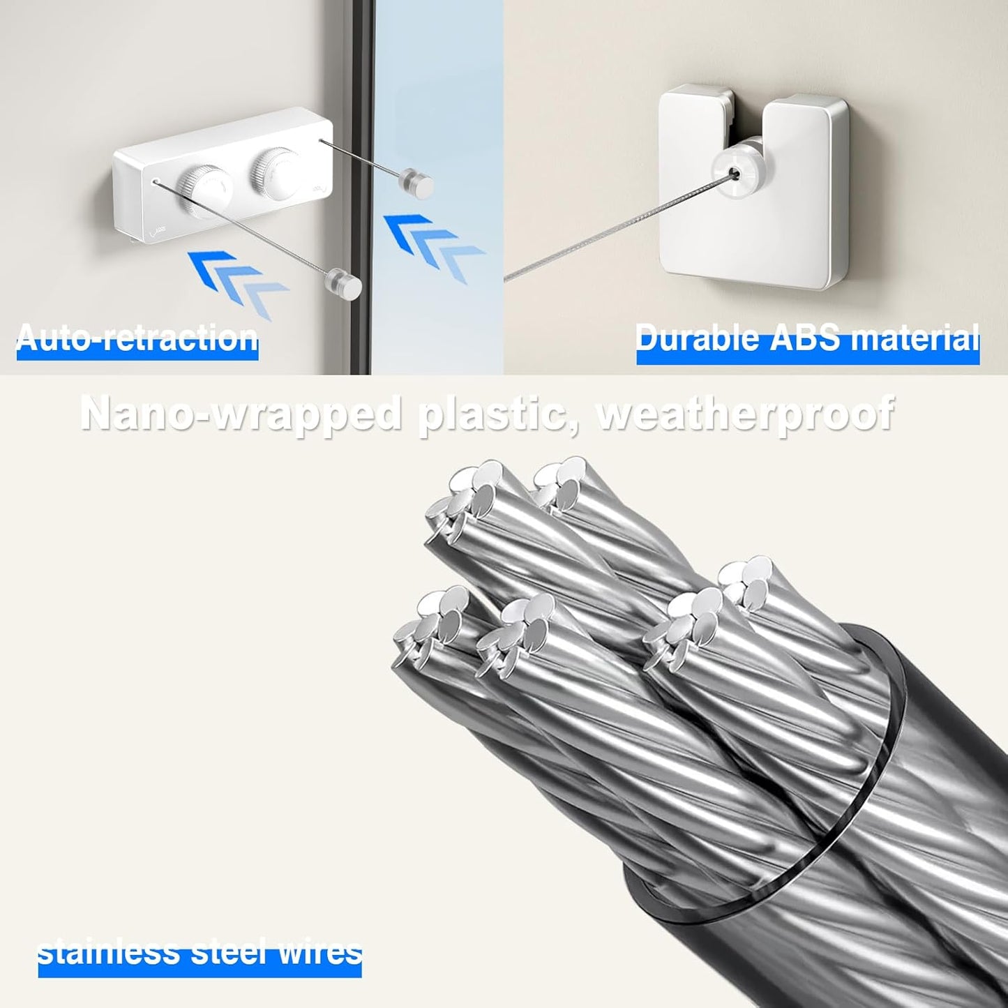 Retractable Clothesline Indoor, Non-Sagging Twin Clothes Line Retracting Outdoor Heavy Duty Clothes Drying Laundry Line Wall Mounted Stainless Steel Double Line-13.8 Ft(White)