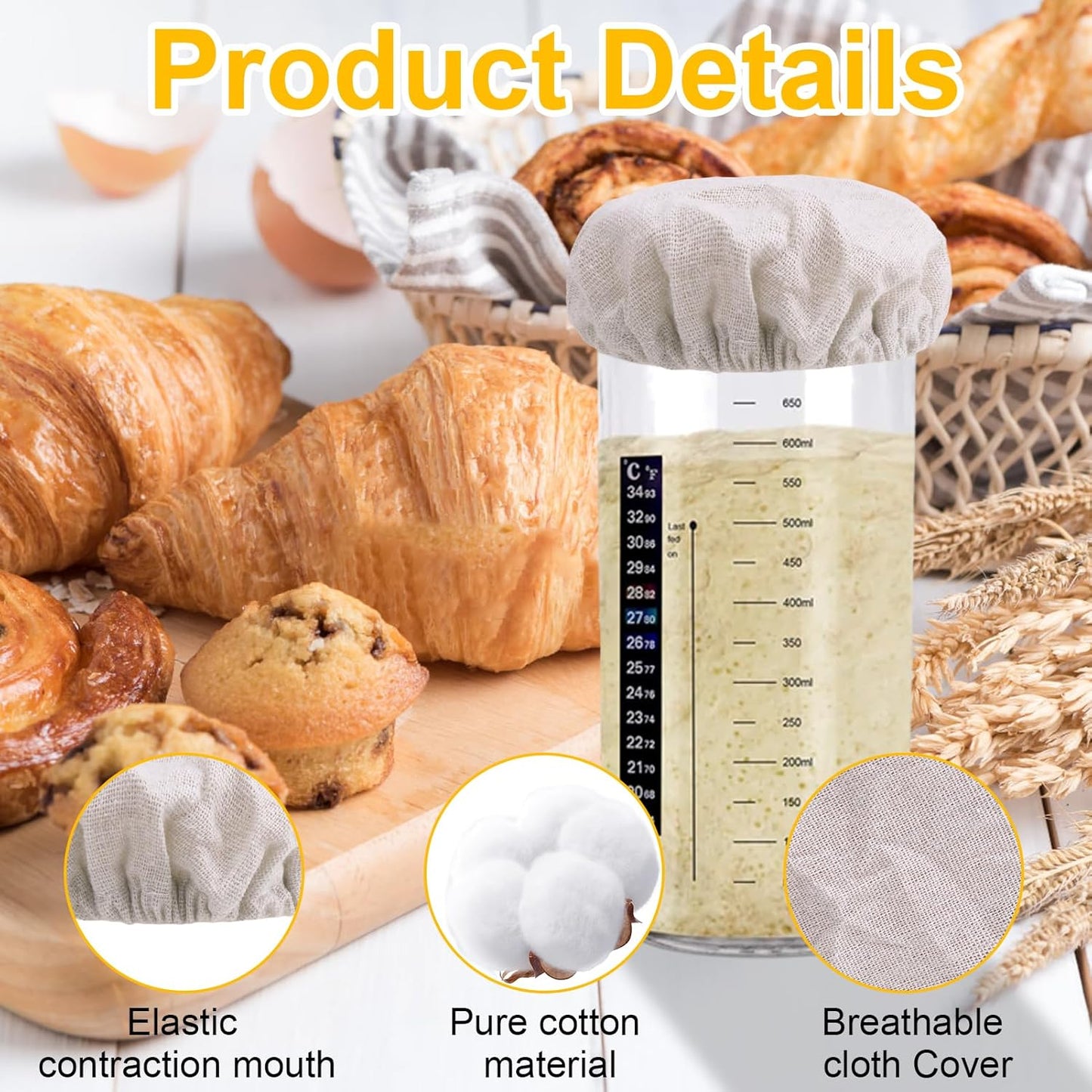 100% Cotton Sourdough Jar Cover,5 PCS Reusable Sourdough Bread Proofing Starter Jar Cloth Covers for Most Glass Mason Sour Dough Crock