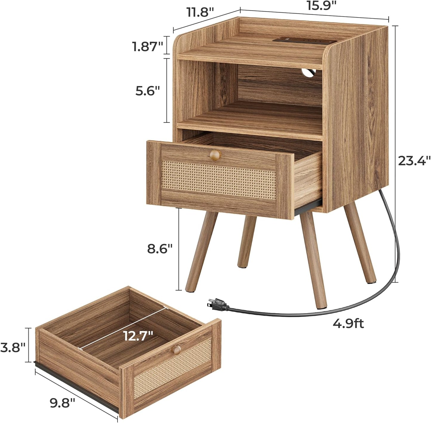 Walnut Nightstand with Integrated Charging Station and Rattan-Style Drawer, Solid Wood Legs, Open Storage Design for Bedroom, Living Room, and Dormitory