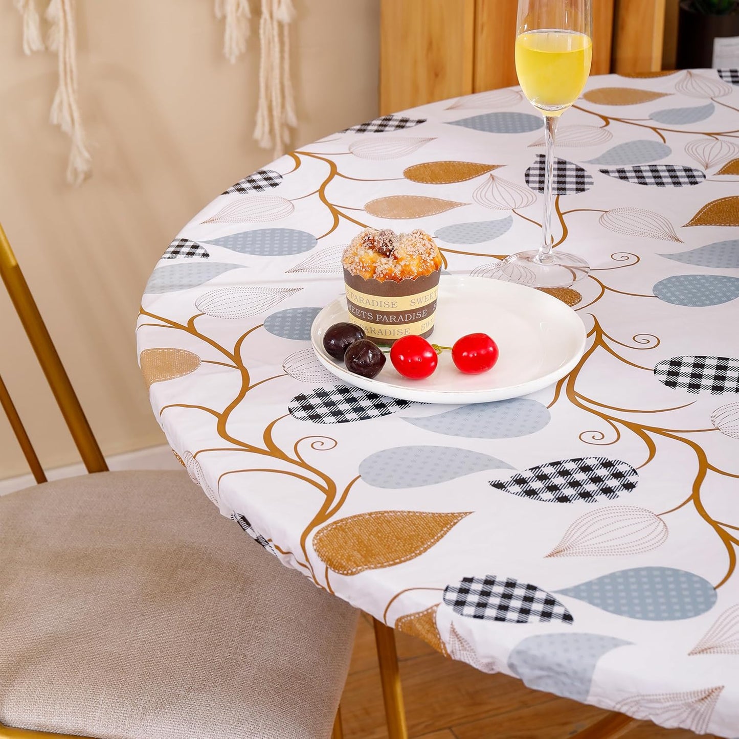 Round Vinyl Fitted Tablecloth with Flannel Backing Elastic Edge Design Table Cover Waterproof Oil-Proof PVC Table Cloth Stain-Resistant Best for 32"-36" Round