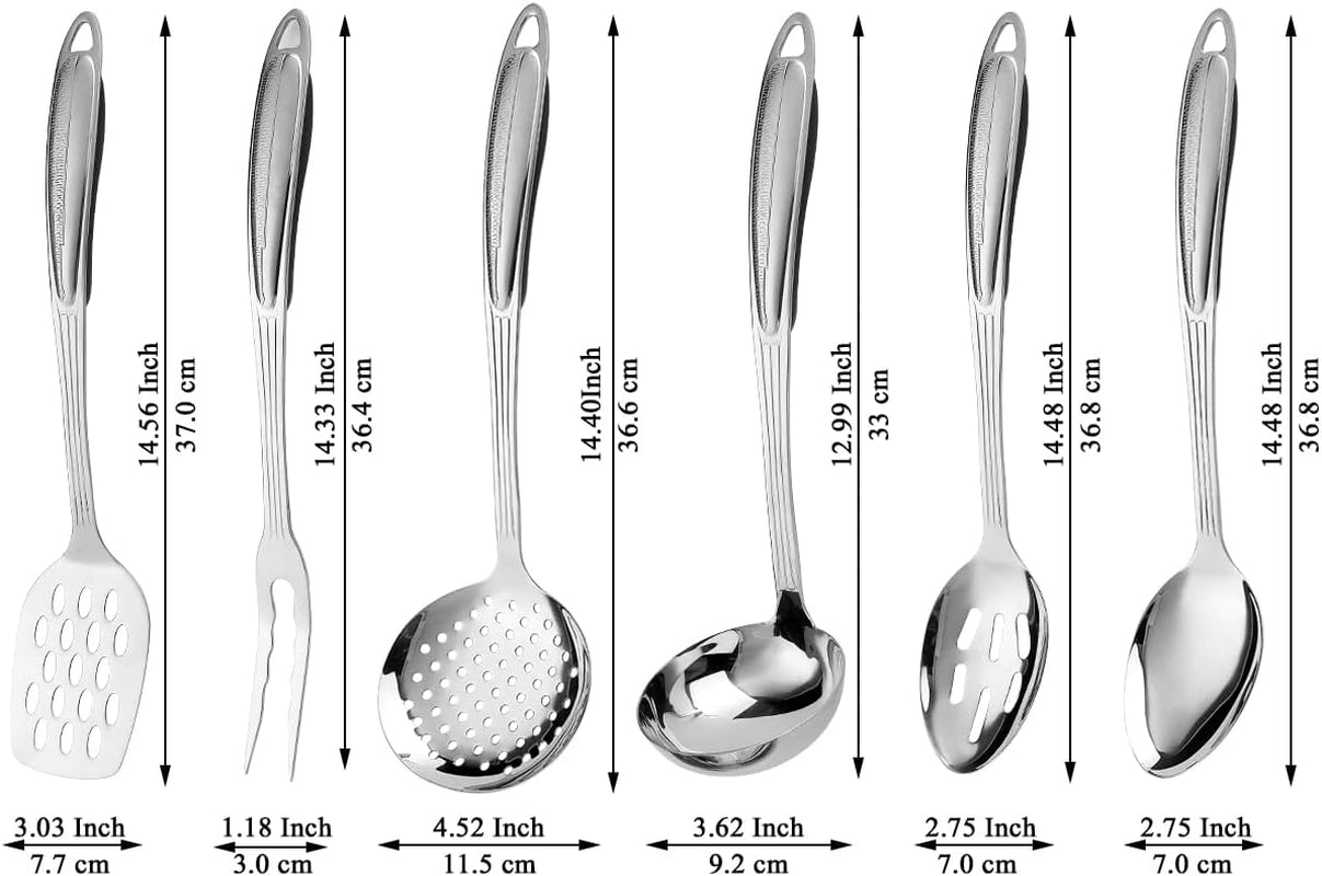 Premium 6-Piece Stainless Steel Kitchen Utensil Set with Essential Cooking Tools Including Metal Spatula, Skimmer, Ladle, Serving Spoon, Slotted Spoon, and Carving Fork