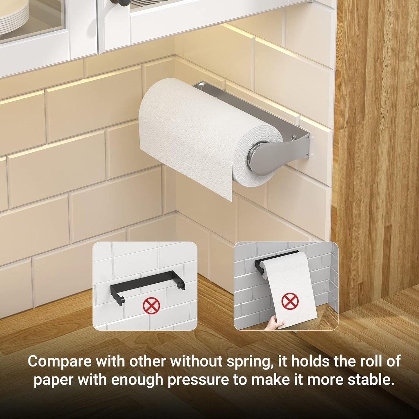Paper Towel Holder under Cabinet, Wall Mount, One-Handed Tear, Stainless Steel, Silver, Paper Roll Holder for Kitchen Bathroom Farmhouse Essentials Decor Accessories