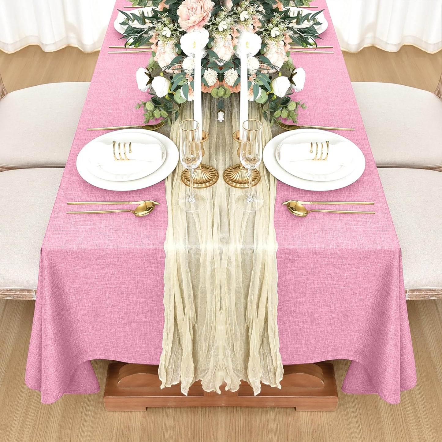 Faux Linen Tablecloths for Rectangle Tables - Water and Stain Resistant Farmhouse Style, Washable Burlap Textured Covers for Dining and Events (2 Pack, 52x70 Inch, Pink)