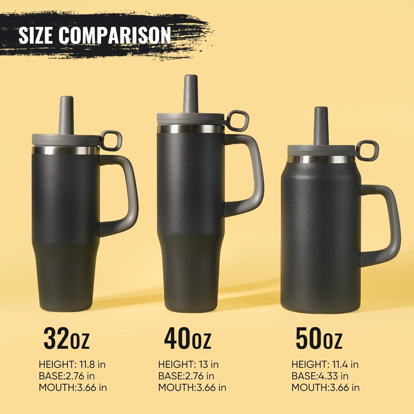 32Oz Tumbler, Insulated Stainless Steel Water Bottle with Straw, Cover Cap, Leak Proof Travel Tumbler with Handle, Bpa-Free, Cupholder Friendly, Gifts for Women & Men, Black