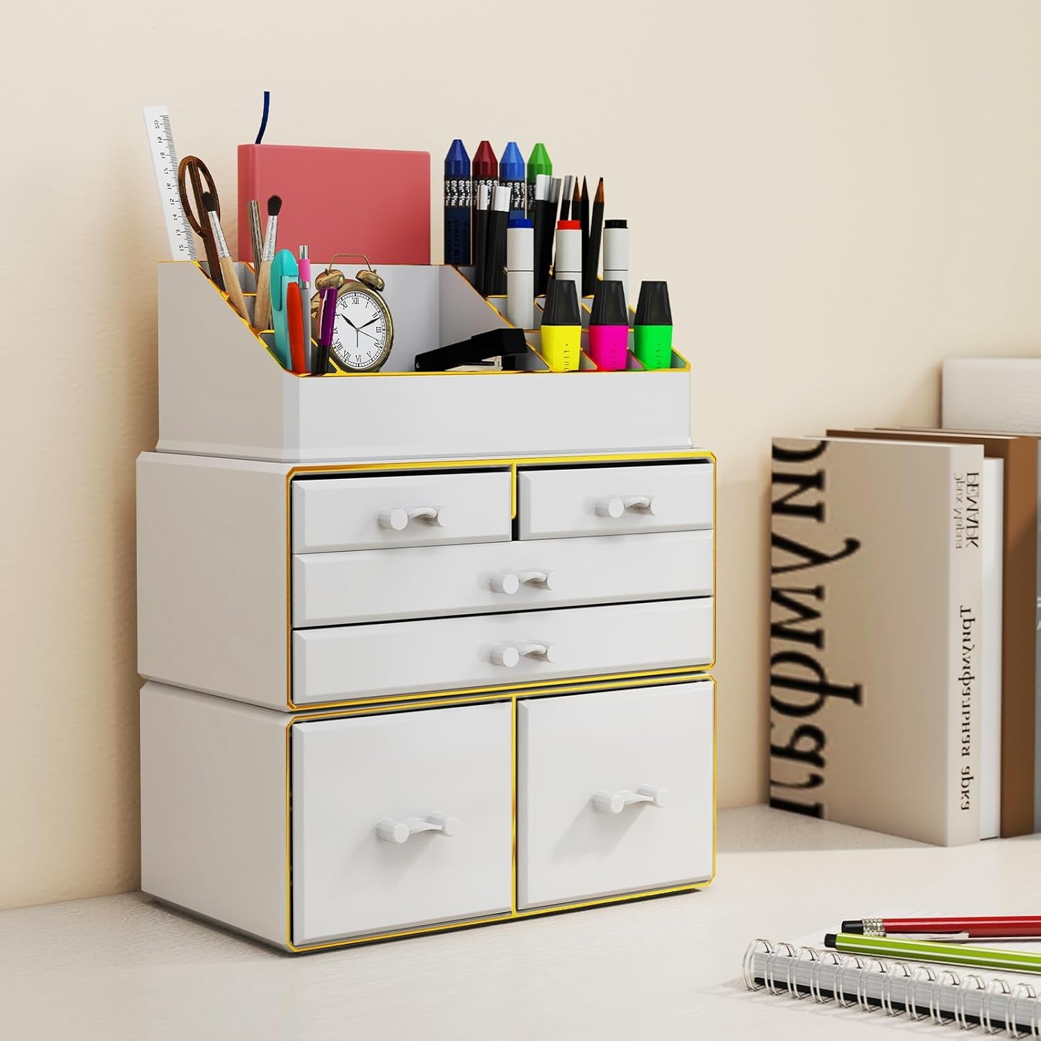 3-Tier 6-Drawer Makeup Organizer Countertop | Cosmetic Organizer for Dresser and Vanity | Bathroom Organizers and Storage for Lipstick Brush Skincare Perfume, Nail Polish(White with Gold Edges)