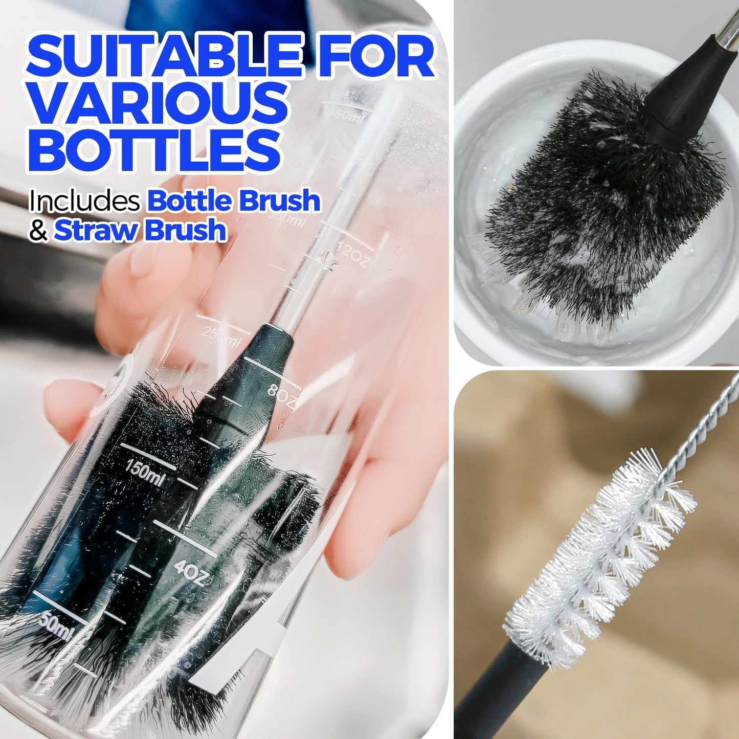 Bottle Brush Cleaner Set, 14" Long Handle Stainless Steel Bottle Cleaner Brush, 3 Straw Cleaner Brush, Bottle Cleaning Brush for Water Bottle, Cups, Abrasive Wheel Brushes, Straws Black