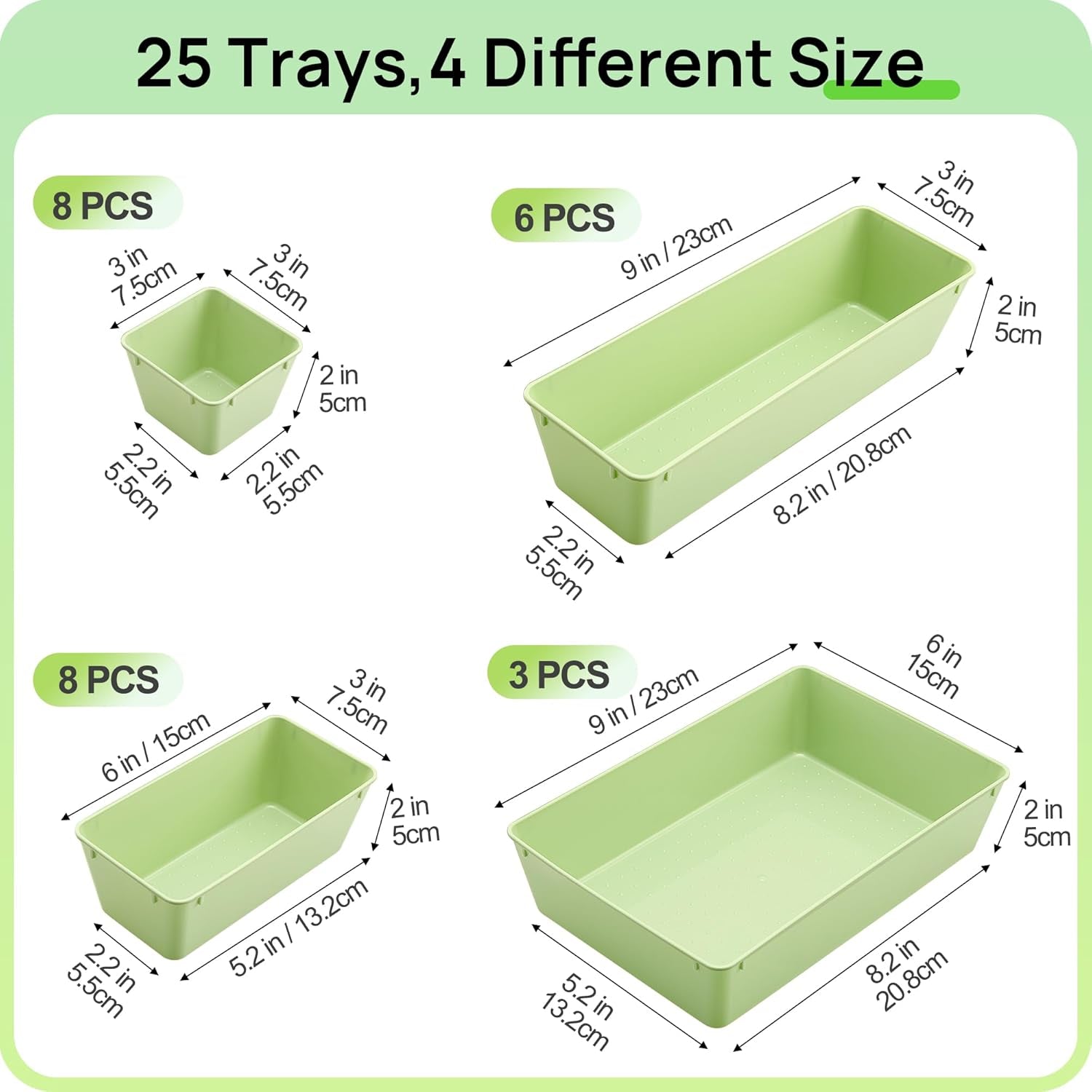 25 PCS Plastic Drawer Organizers Set, 4-Size Versatile Bathroom and Vanity Drawer Organizer Trays, Storage Bins for Makeup, Bedroom, Kitchen Gadgets Utensils and Office