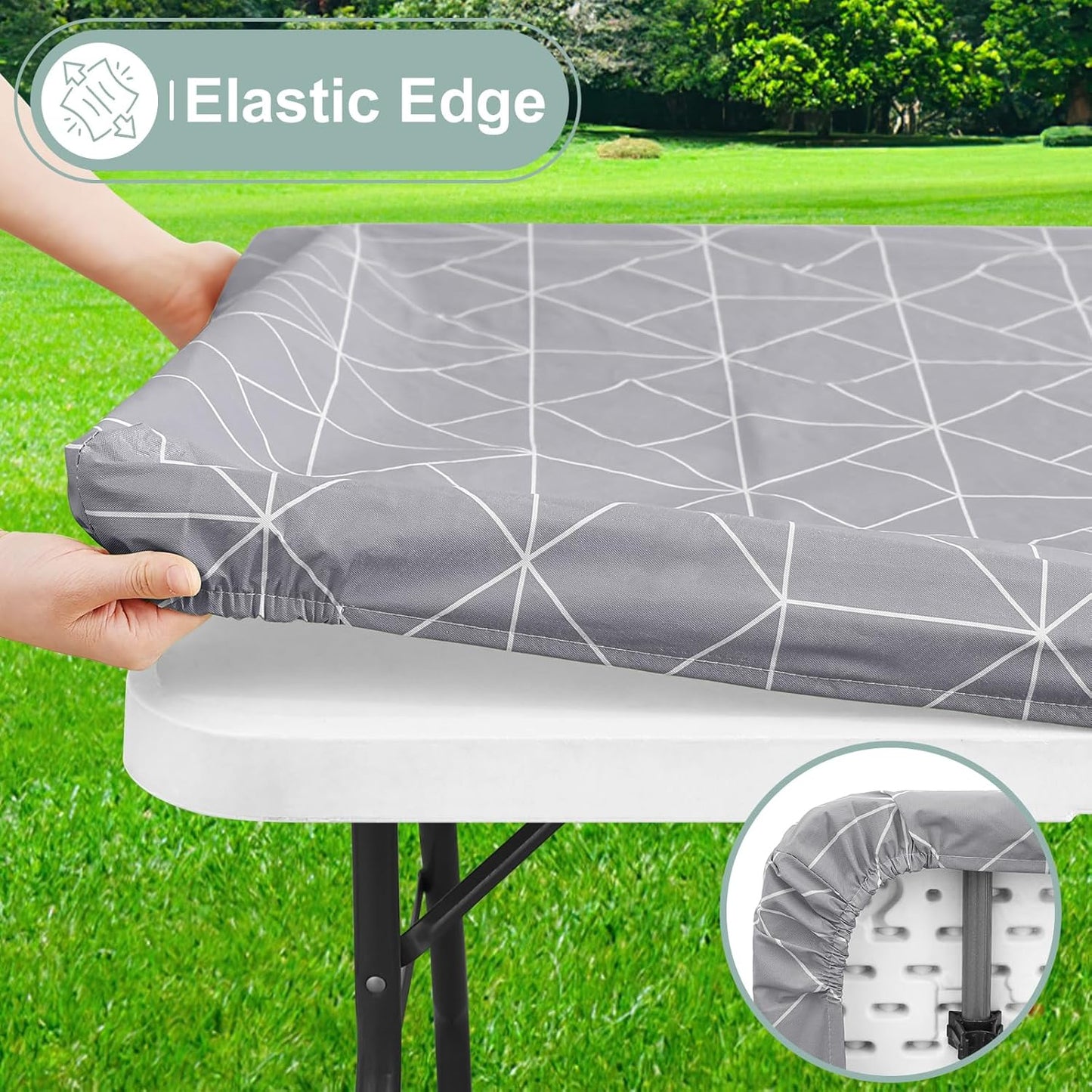 Rectangle Fitted Plastic Table Cloth, Elastic Vinyl Flannel Backed Tablecloth, Waterproof Table Cover Fits 6 Foot Folding Tables for Outdoor Picnic Camping (Light Grey, 30" X 72")