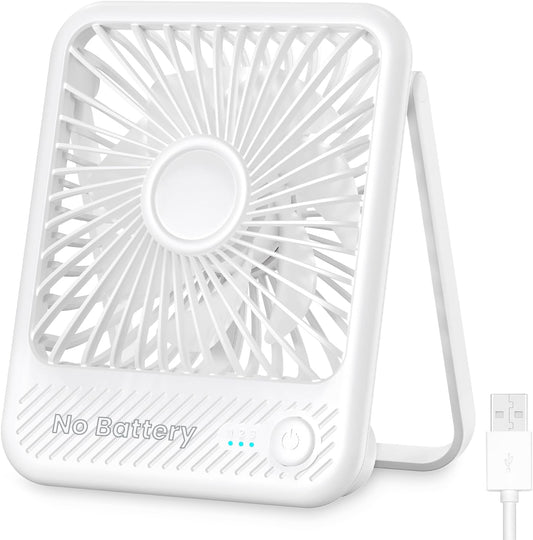 USB Desk Fan, Strong Wind Ultra Quiet Small Personal Fan with 180° Tilt Folding and 3 Speeds Adjustable, USB-C Corded Powered Mini USB Fan for Office Desktop Bedroom White, NO BATTERY