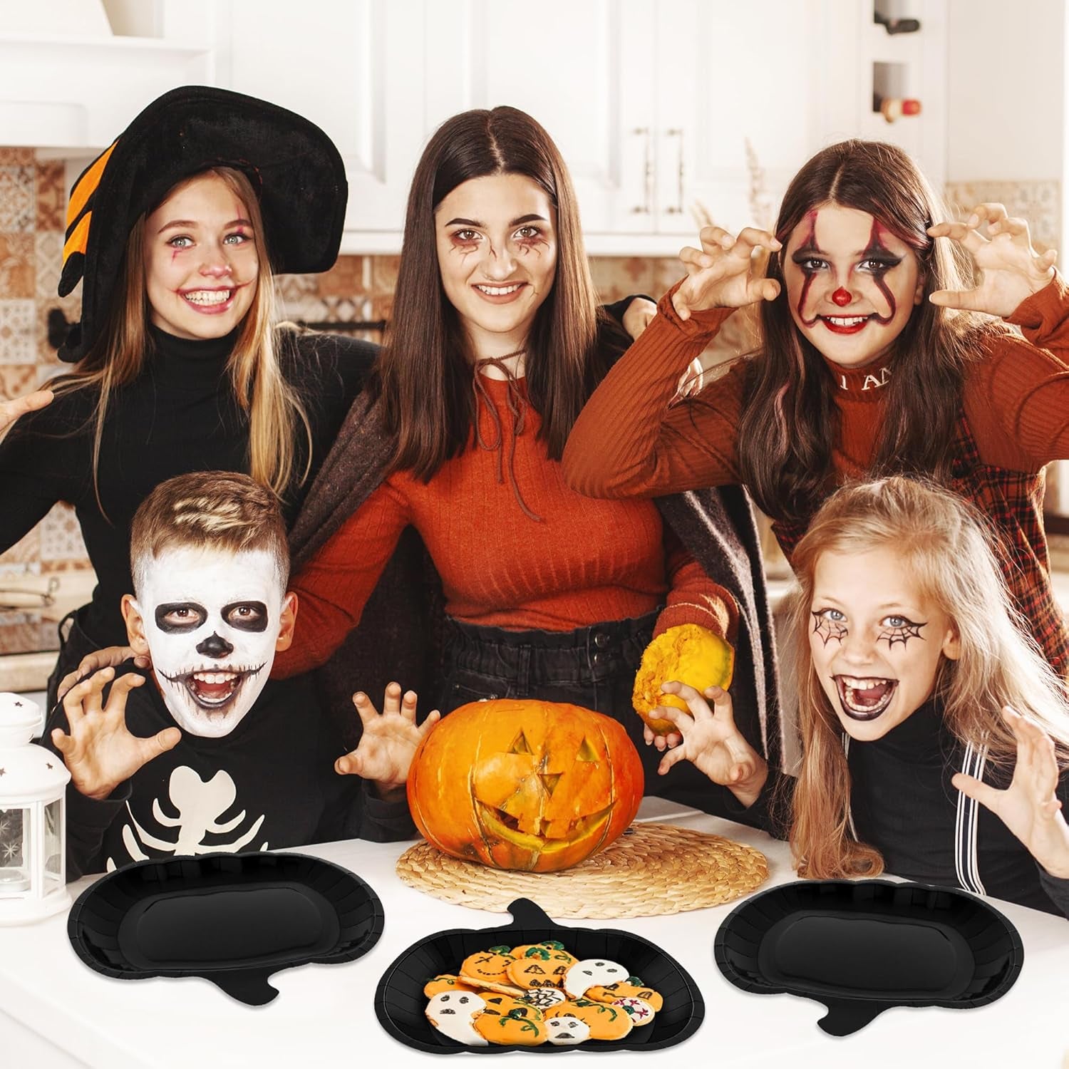 50 PCS Halloween Plates, 9.4'' X 9.6'' Pumpkin Shaped Plates, Disposable Spooky Paper Decorations, Black Ghost Party Tableware for Halloween Party Favors Spiderweb Witch Pumpkin Decor