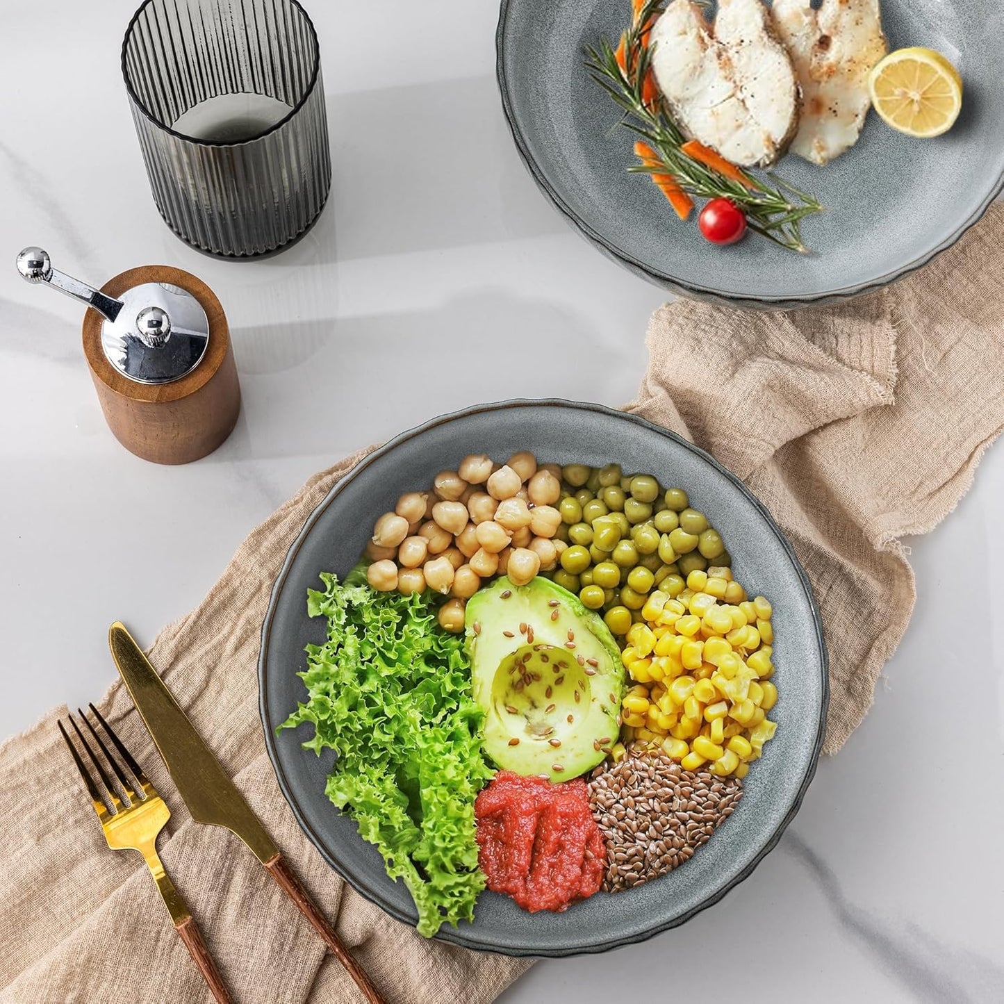 Large 8.5-Inch Stoneware Pasta Bowls, 38 Ounce Ceramic Salad Bowls with Textured Design for Serving Pasta, Fruits, Stews, and Noodles, Set of 4 - Ideal Housewarming Gift