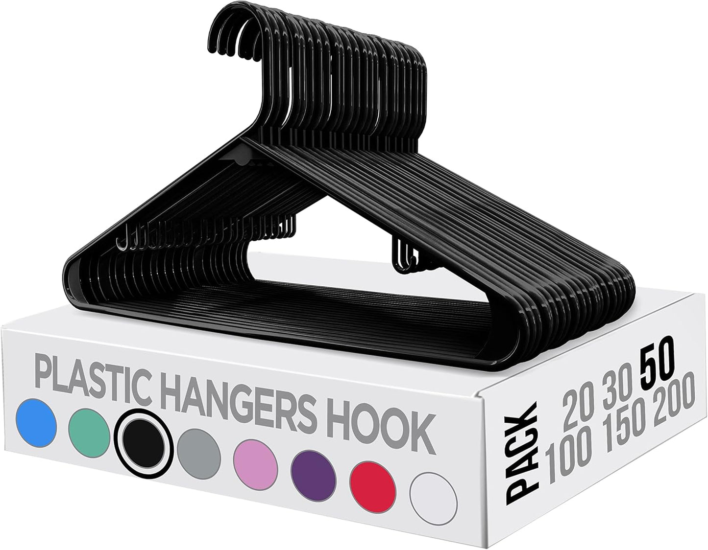 Plastic Hangers 50 Pack - Clothes Hanger with Hooks - Durable & Space Saving (Black)