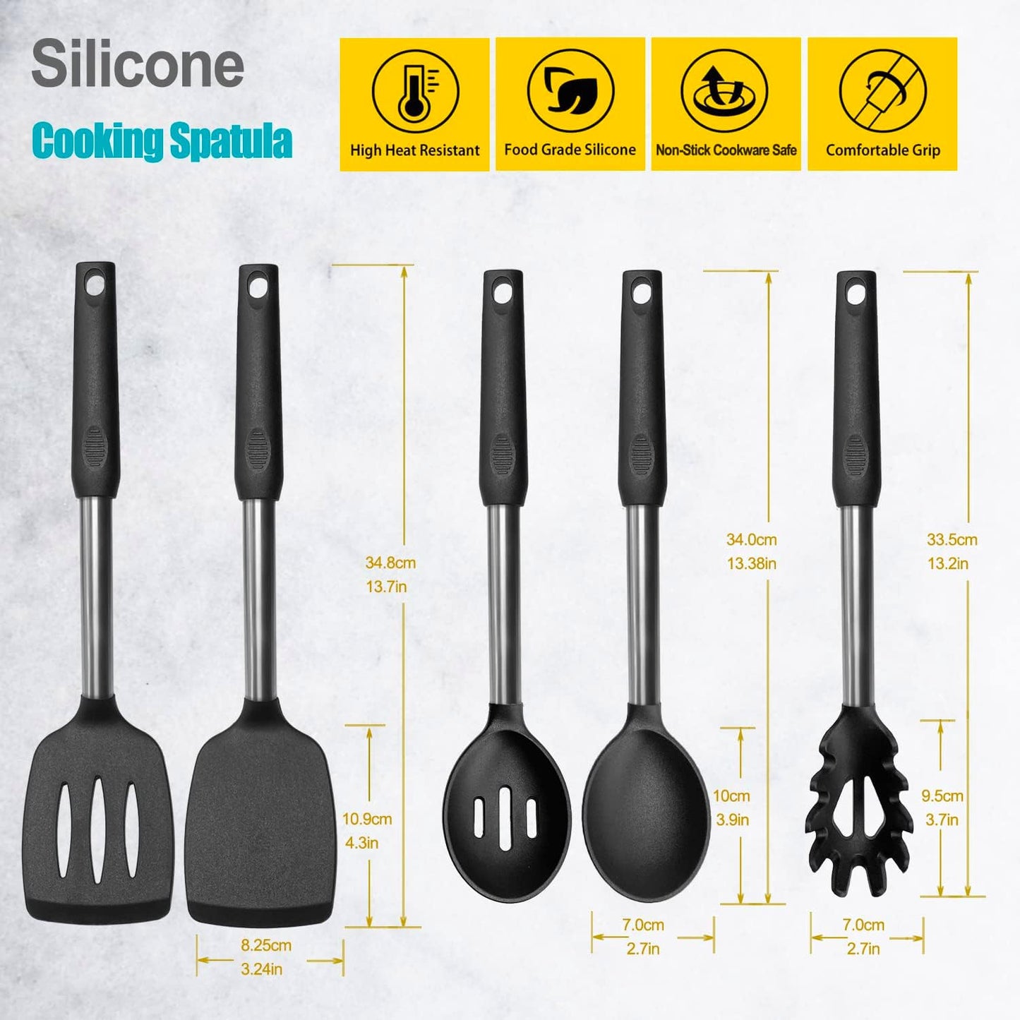 Silicone Spatula and Cooking Spoon,5 Pack Non-Stick Cooking Utensils for Kitchen,Heat Resistant Solid & Slotted Spoons and Spatulas, Stainless Steel Handle Coated with Silicone,Black