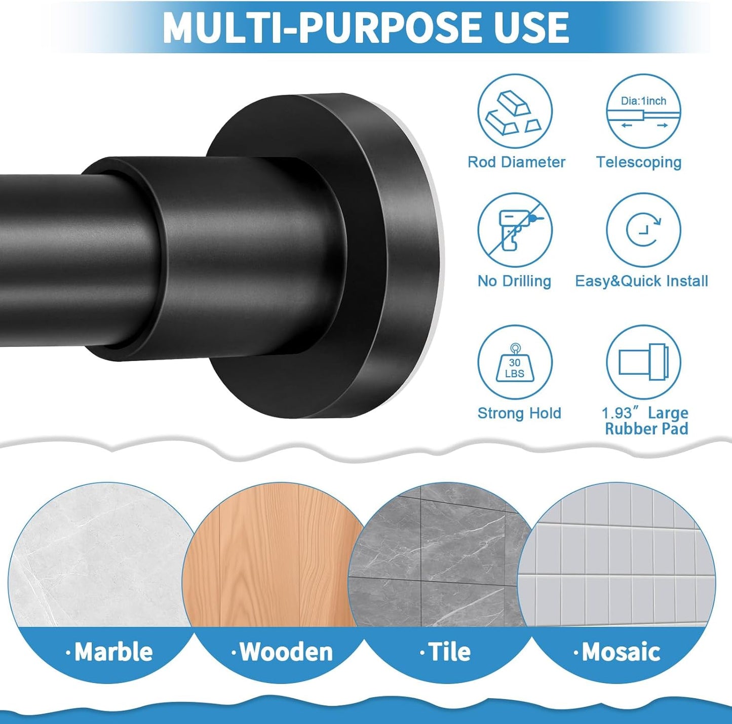 Black Shower Curtain Rod 36-84 Inches (3-7Ft) Non Rust Adjustable Shower Rod Spring Tension Non Slip No Drilling Stainless Steel Shower Rods for Bathroom Window