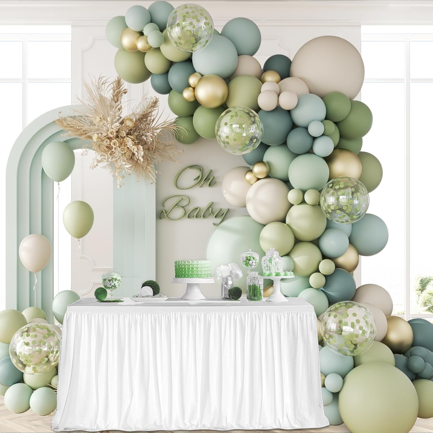 141Pcs Sage Green Balloon Arch Kit, Dusty Blue Balloon Arch Kit with Gold White Sand Pastel Green Confetti Balloons for Boho Birthday Baby Shower Decorations