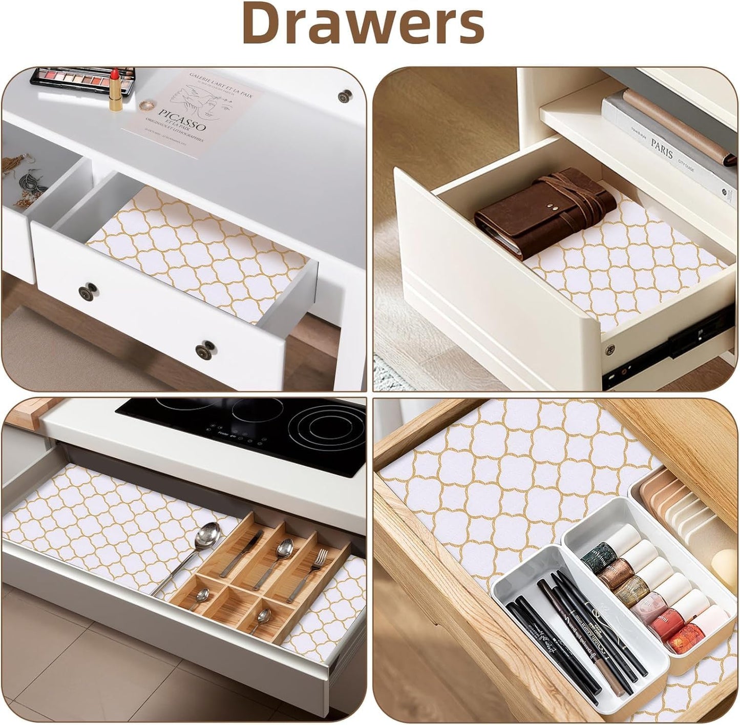 Shelf Drawer Liners for Kitchen Cabinets Non Adhesive Drawer Liner Thickened Refrigerator Liner Gold Quatrefoil Strong Non-Slip Paper for Tool Box with Knife and Tape Measure,11.8 X 118 Inches