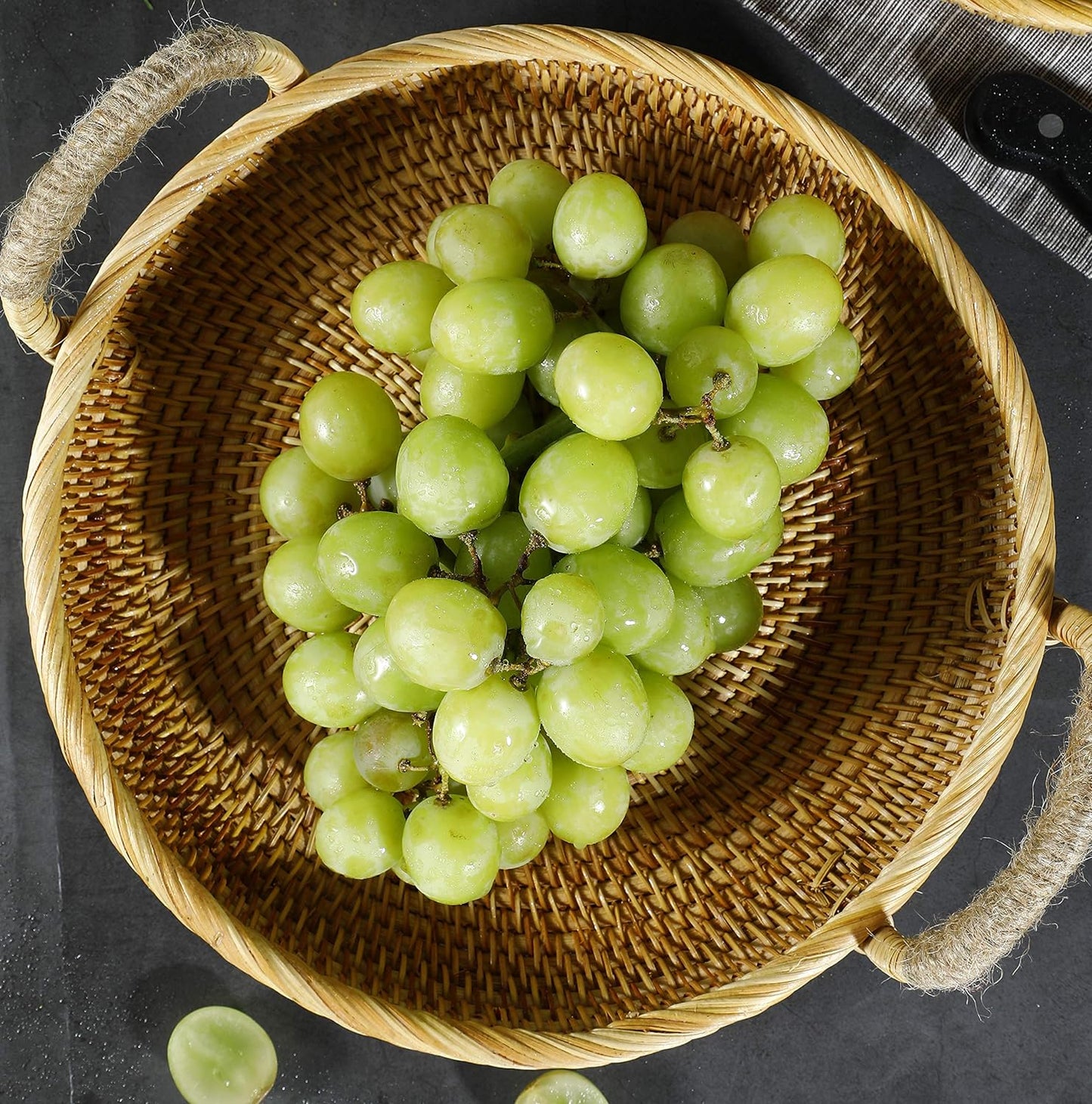Rattan round Fruit Basket for Table Wicker Bread Tray with Handle for Serving Food, Crackers, Snacks (11Inch D X 1.8Inch H)