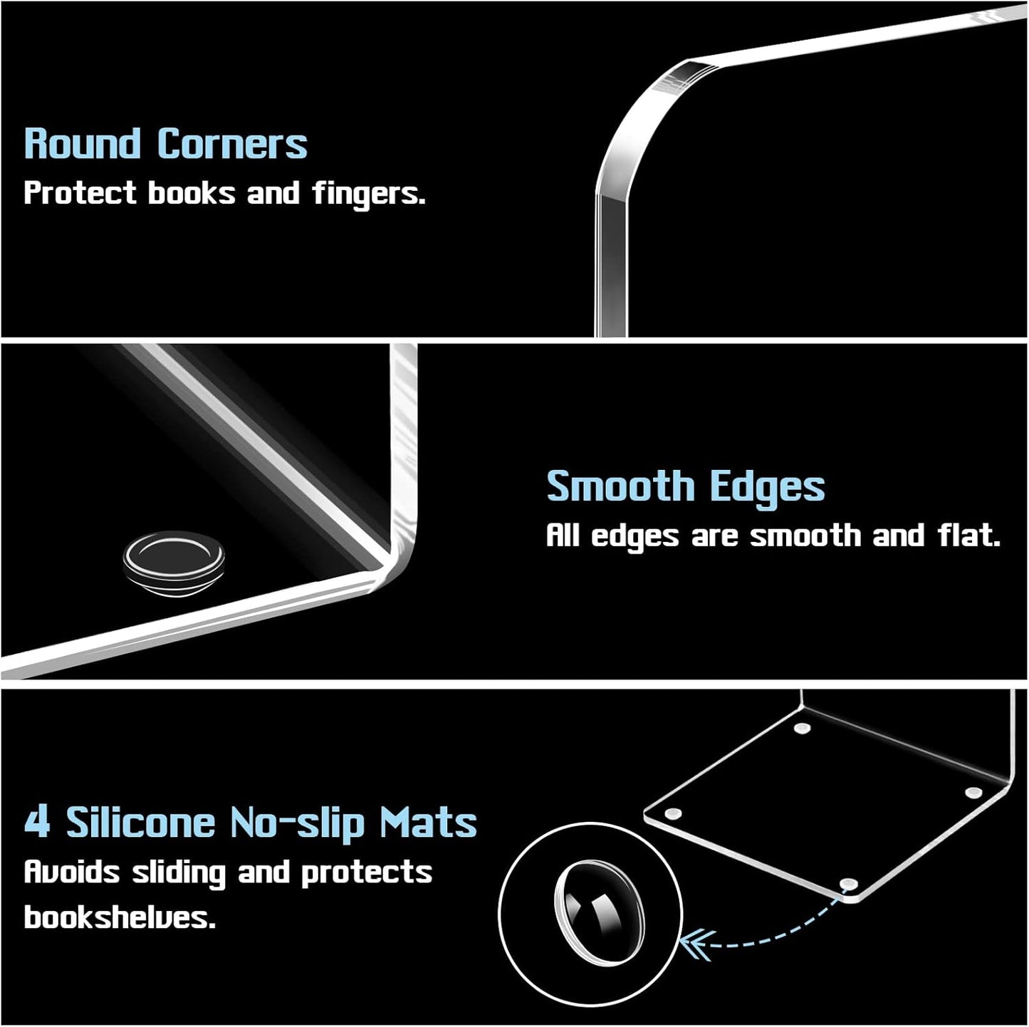 Book Ends, 8 Pcs Book Ends Acrylic Bookends for Shelves, Clear Book Holder Stand, Non-Skid Decorative Bookend, Study Book Organizer for Home Library Office, 5 X 5 X 7.3 Inch