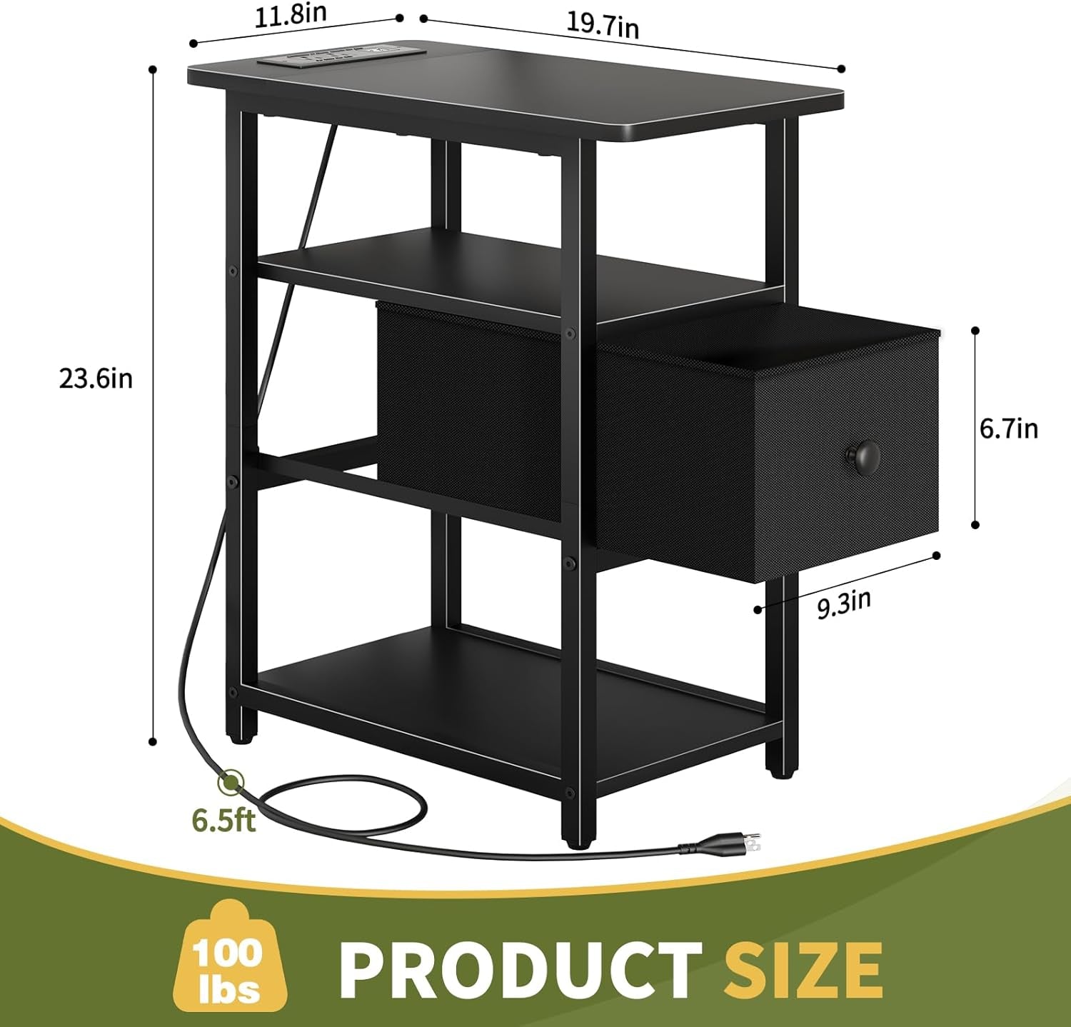 End Table with Charging Station, Narrow Side Table with Adjustable Fabric Drawer, 3-Tier End Tables Living Room, Small Nightstand with Outlets, LED Skinny Night Stand for Bedroom Small Spaces