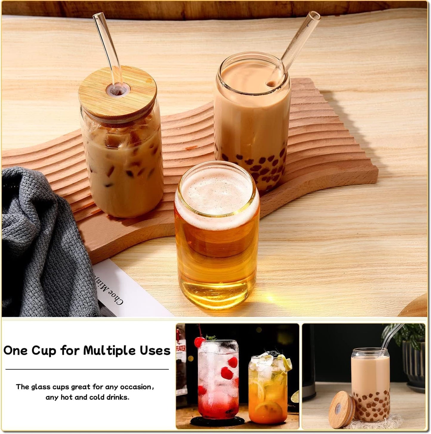 Glass Cups with Lids and Straws 4 Pcs,16Oz Drinking Glasses Set for Coffee Bar Accessories,Iced Coffee Cups with Lids,Matcha Cup Glass Tumbler Reusable for Gifts
