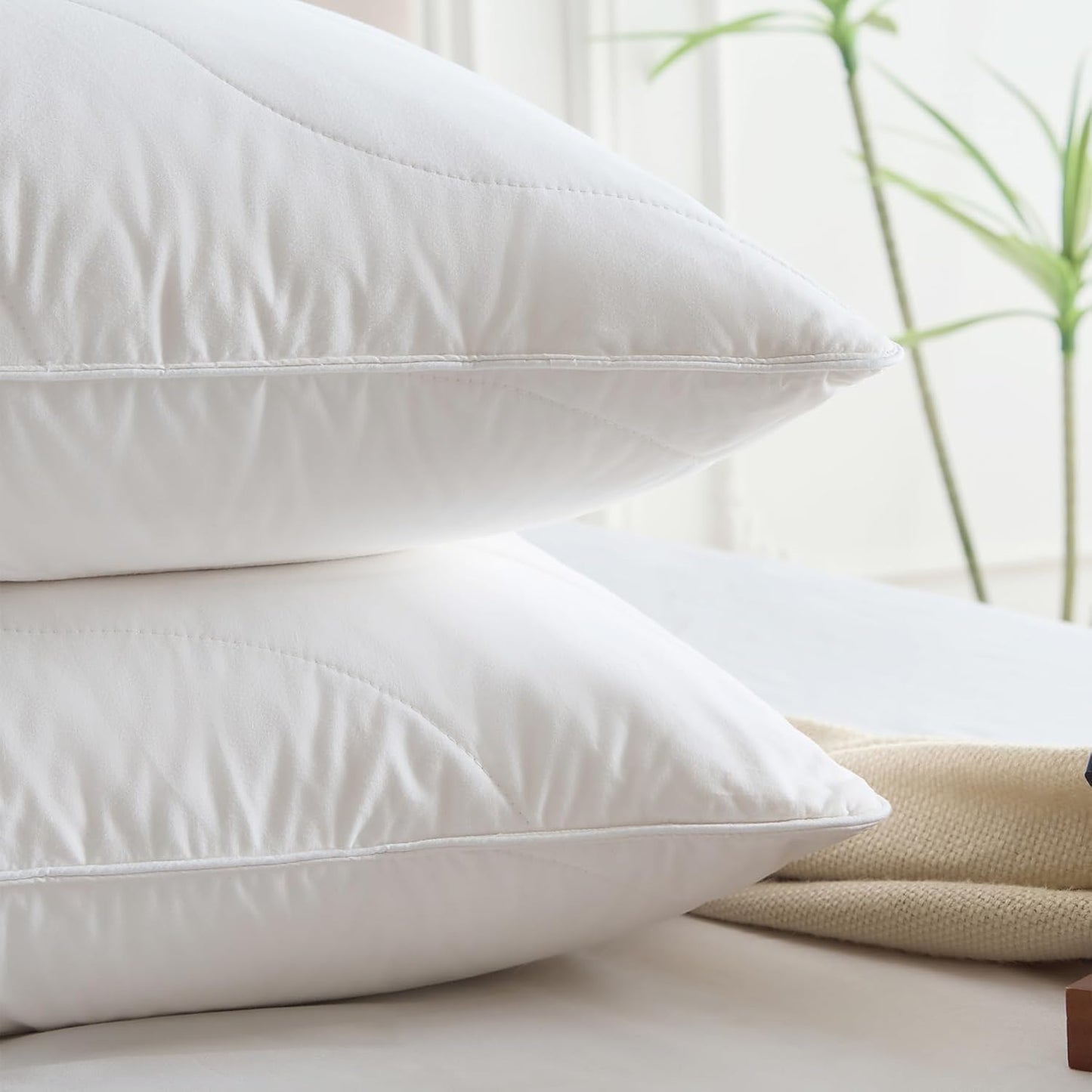 Queen Size Set of 2 White Goose Feather Down Pillows - 100% Cotton, Medium Firmness, Soft Support