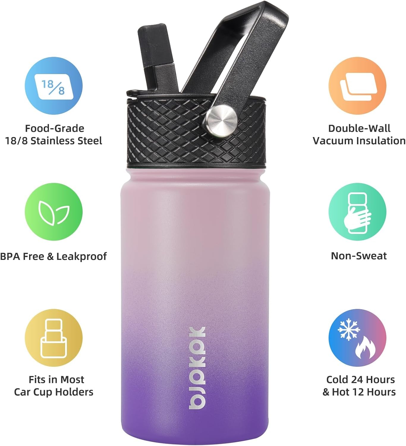 Water Bottle with Straw Lid, 15 Oz Insulated Water Bottle, Stainless Steel Metal Water Bottles, Reusable Leak Proof BPA Free Thermo, Flask, Cups,Violet