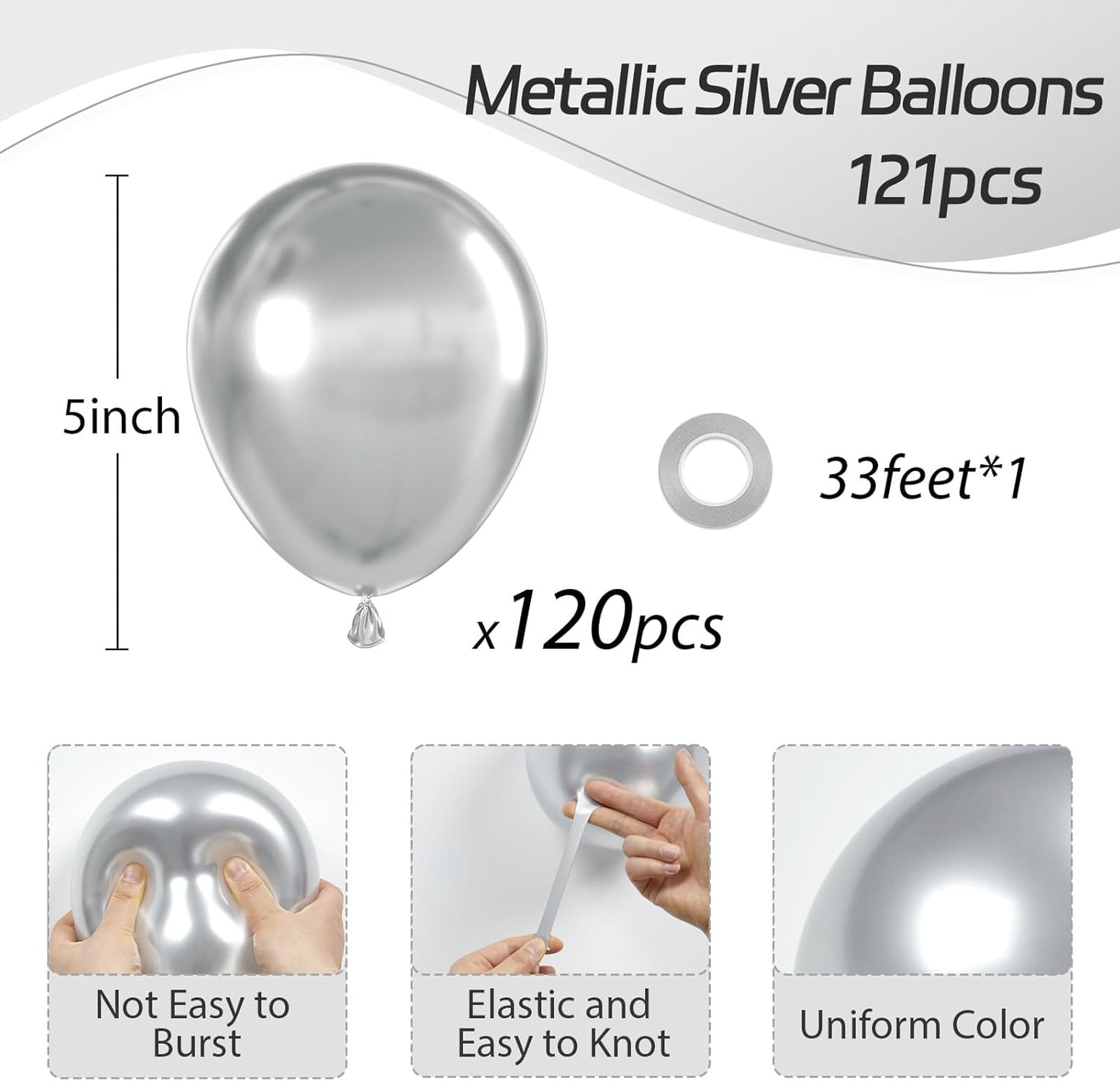 120Pcs 5 Inch Metallic Silver, Small Chrome Silver Latex Balloons for Graduation Wedding Baby Shower Disco Birthday Party Decorations