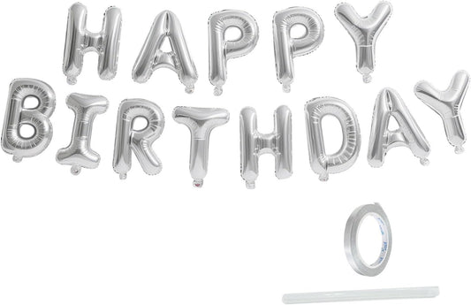Silver Happy Birthday Banner, 13Pcs Mylar Foil 3D Letter Balloons Happy Birthday Sign Balloon for Wall Backdrop Baby Shower Welcome Party Supplies and Decorations for Women, Men, Boys & Girls