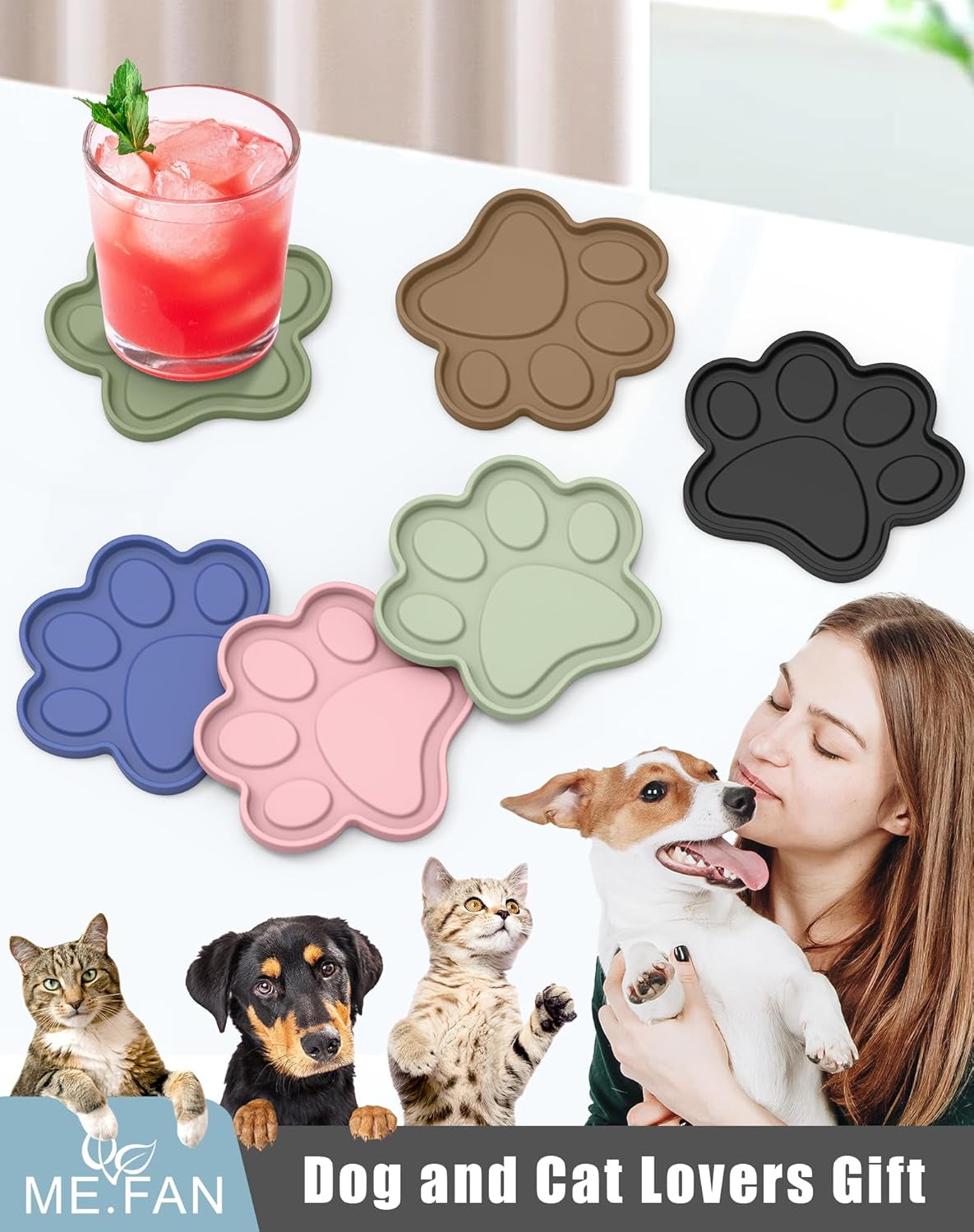 Silicone Coasters 6 Pack Paw Cup Mat with Holder, Dog Cat Paw Shape, for Hot or Cold Drink, Non-Slip, Non-Stick, Room Decor, Housewarming Black