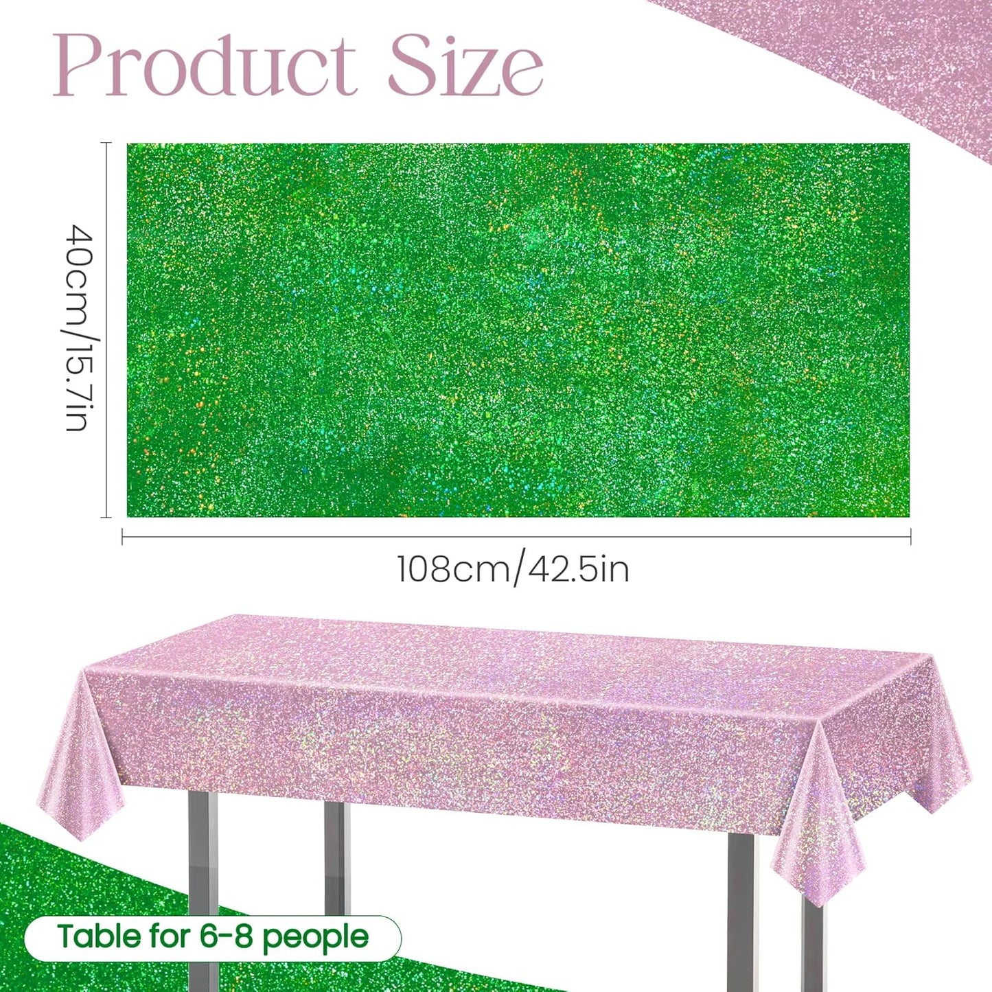 8-Piece Set of Pale Pink and Green Holographic Tablecloths, 40" x 108", Iridescent Plastic Table Decor for Birthday and Bachelorette Celebrations