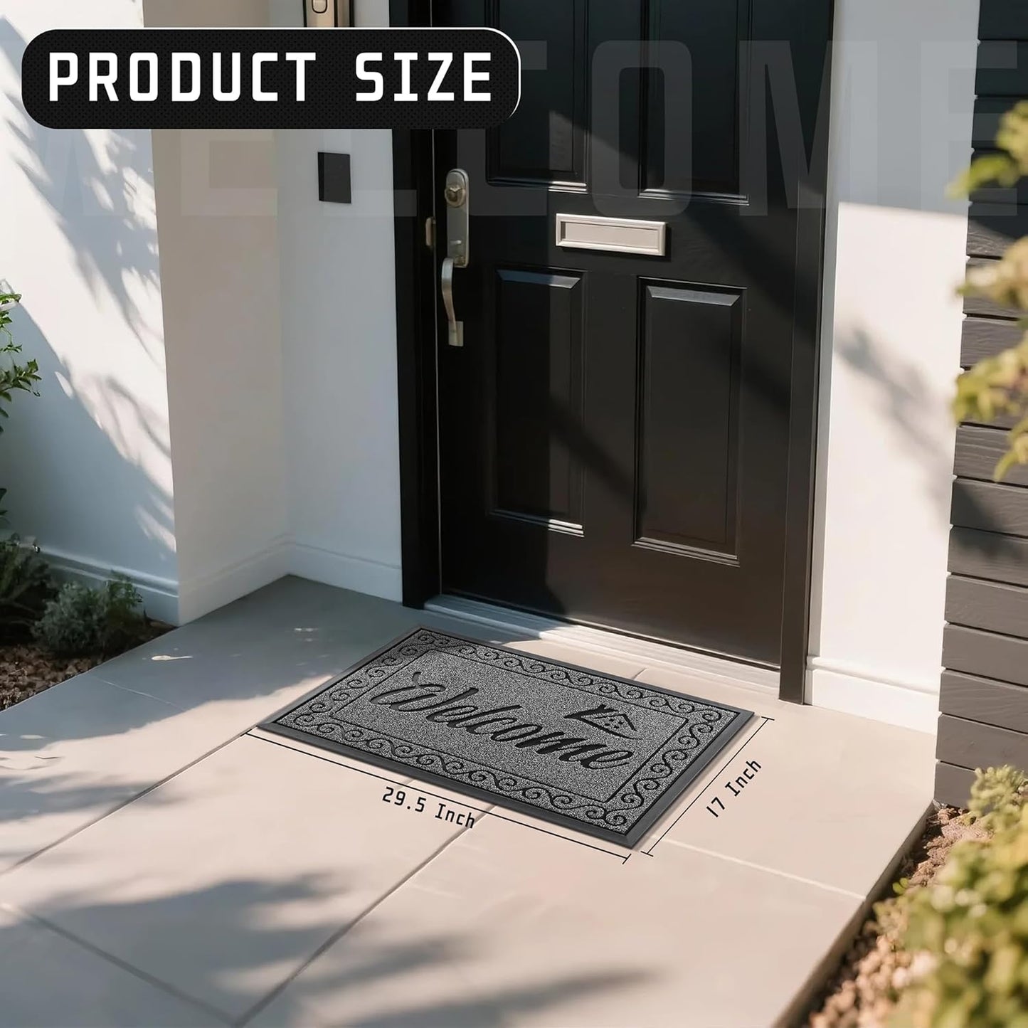 Welcome Mat, Heavy Duty Sturdy Door Mats for Home Entrance Outdoor Indoor, Front Doormat for outside Patio Floor Entry Porch Garage Office, Waterproof, Low Profile, 29.5 X 17, Black Grey