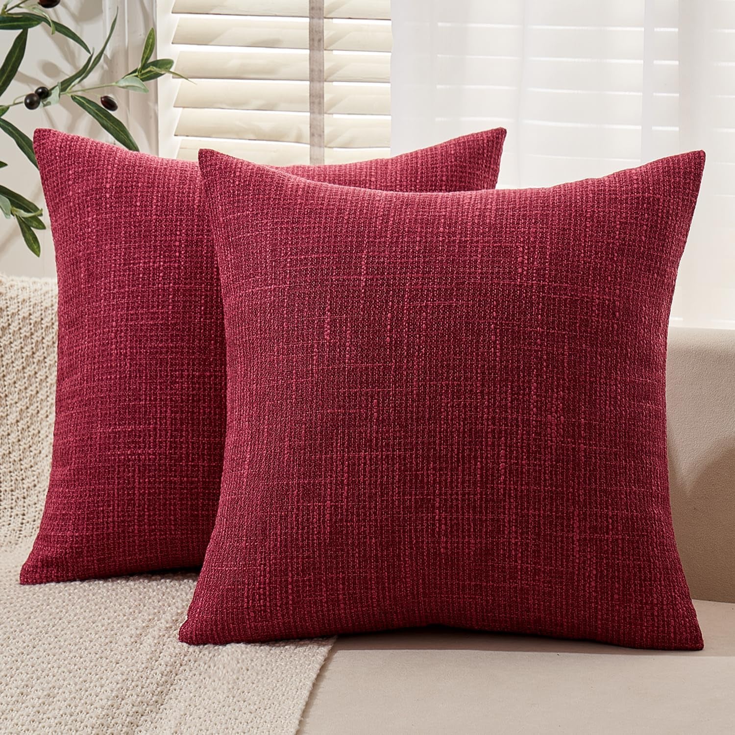 Burlap Linen Throw Pillow Covers 18X18 Inch Set of 2 Burgundy Red Decorative Pillows Modern Farmhouse Pillowcases Soft Accent Cushion Covers for Outdoor Couch Sofa Bedroom Livingroom Home Decor