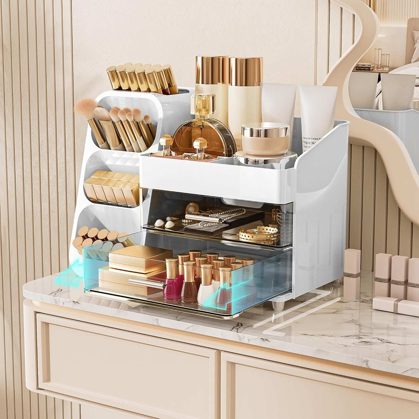 Makeup Organizer with Drawers for Vanity, Spacious Cosmetic Display Case with Makeup Brush Holder, Perfect Vanity Bathroom Organizer and Storage Solution for Skincare & Beauty Essentials, White