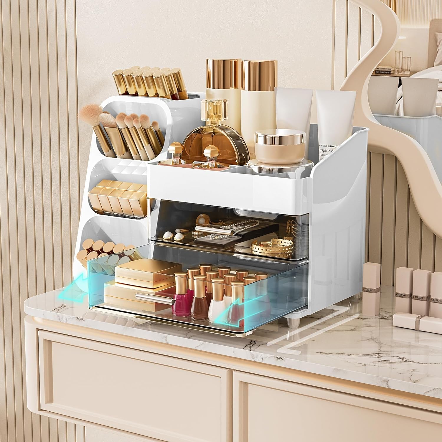 Makeup Organizer with Drawers for Vanity, Spacious Cosmetic Display Case with Makeup Brush Holder, Perfect Vanity Bathroom Organizer and Storage Solution for Skincare & Beauty Essentials, White