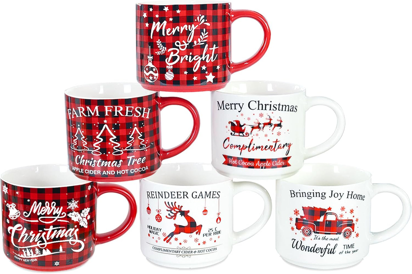 Christmas Mug Set of 6, 16Oz Red Black Plaid Christmas Coffee Mug, Christmas Table Centerpieces Decor Stackable Christmas Coffee Mug as Christmas Gifts for Family, Friends and Colleagues