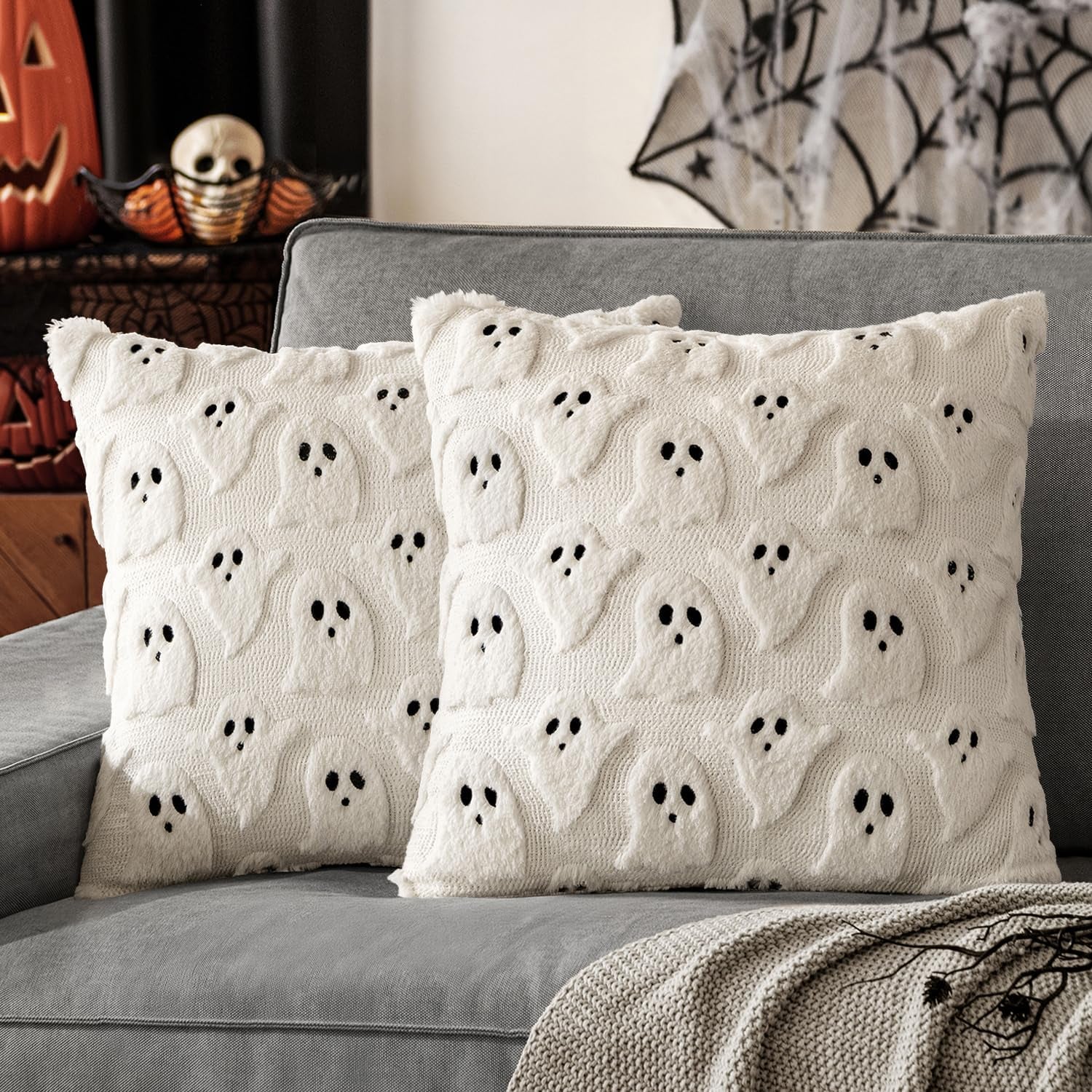 Halloween Decorative Pillow Covers - Set of 2 Soft Plush Faux Fur Ghost Design Cushions for Couch, Sofa, Bed, and Porch - 18x18 Inch Cream White