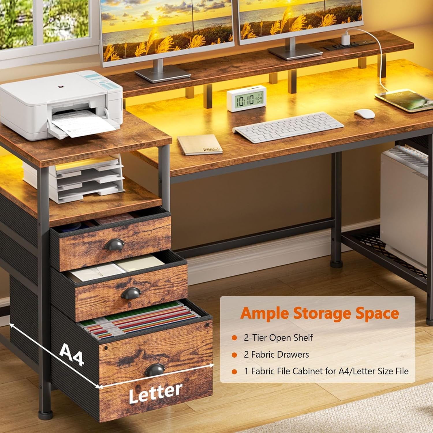 60" Computer Desk with 4 Drawers and Printer Space, Gaming Desk with LED Lights and USB Power Outlets, Office Desk with Fabric File Cabinet, Work Table with Shelf for Bedroom, Rustic Brown