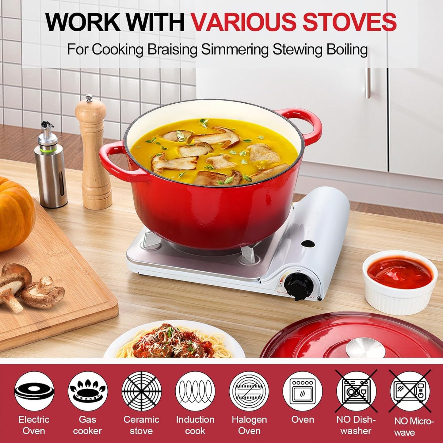 7QT Enameled Dutch Oven, Cast Iron Dutch Oven Pot with Lid for Bread Baking, Enameled Casserole Pot for Roasting Braising Stewing Frying Simmering, Various Stoves & Easy Clean, Red