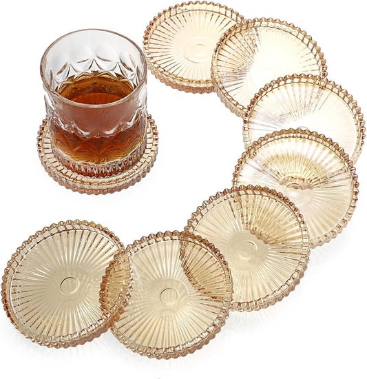 Amber Glass Coaster Set of 8 - Elegant Round Coasters for Drinks, Ideal for Coffee Tables, Offices, Kitchens, Bars, Dining Rooms, Living Rooms, and Patios