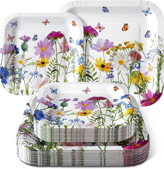 100-Piece Floral Disposable Paper Plate Set - 9'' Dinner Plates and 7'' Square Dessert Plates for Birthdays, Weddings, Baby Showers, and Parties (Sweet Color, Wildflower Design)