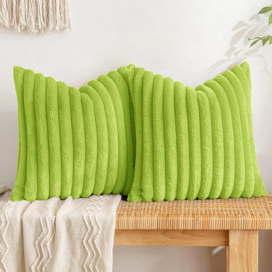 Faux Fur Plush Decorative Throw Pillow Covers Set of 2 Luxury Soft Fluffy Striped Pillowcases Cushion for Sofa Couch Bed Living Room Christmas Green 16X16 Inch