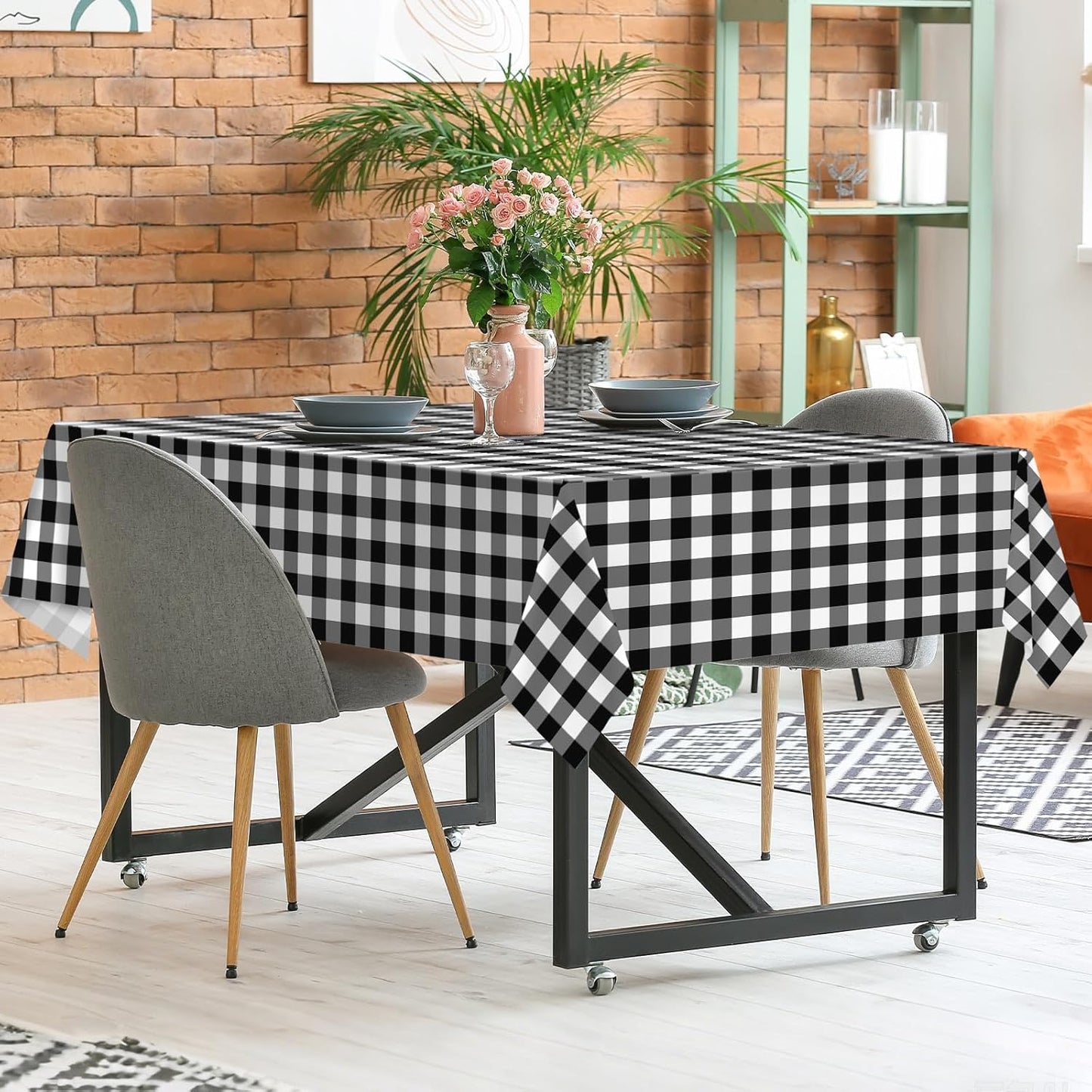 2 Pack Black Gingham Tablecloth, 54 X 108 Inches Black and White Checkered Tablecloths Plastic Table Cloth Disposable Picnic Tablecovers for Rectangle Table