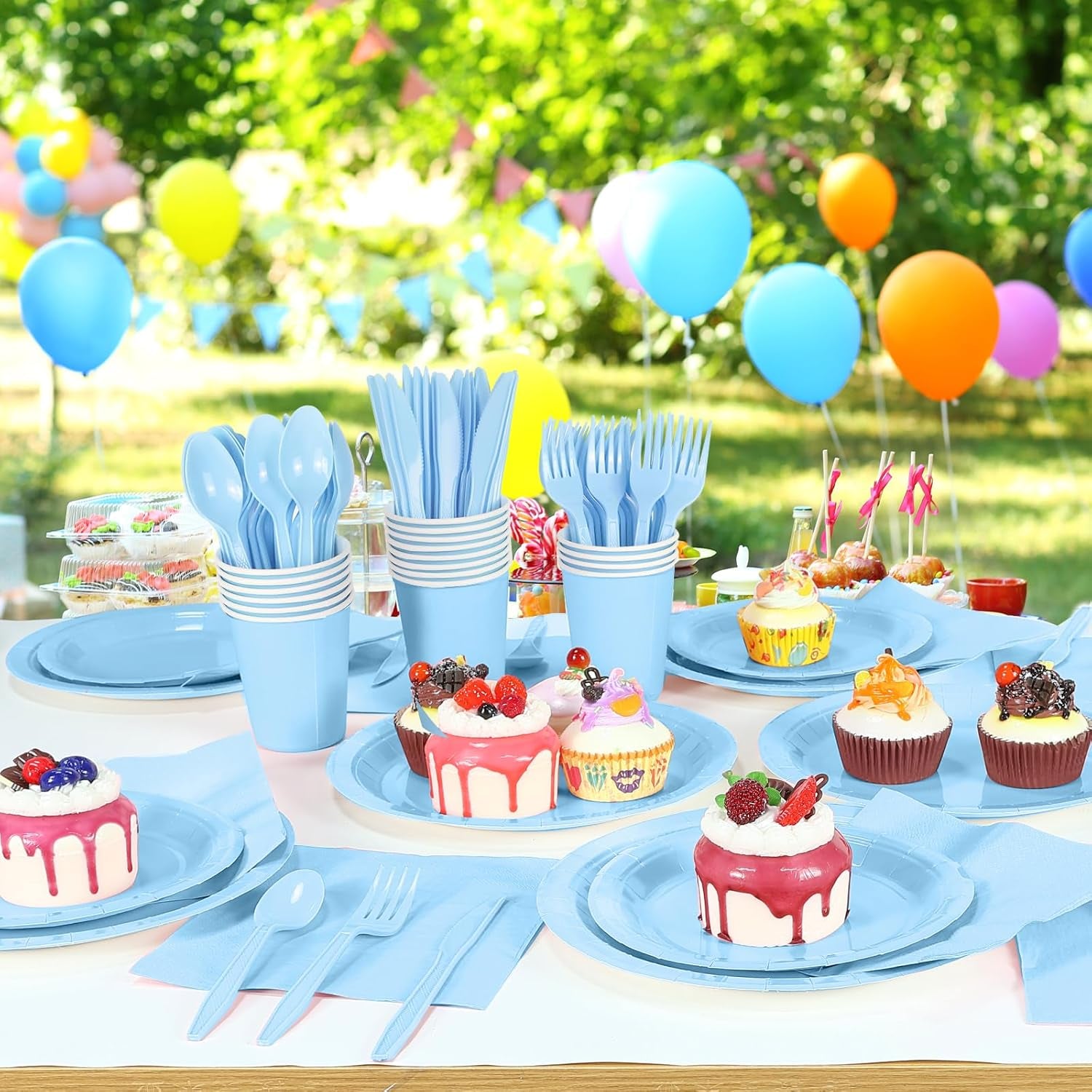168PCS Light Blue Paper Plates and Napkins, Blue Disposable Plates Set for Baby Shower Gender Reveal Birthday Party Supplies Serve 24 Guests
