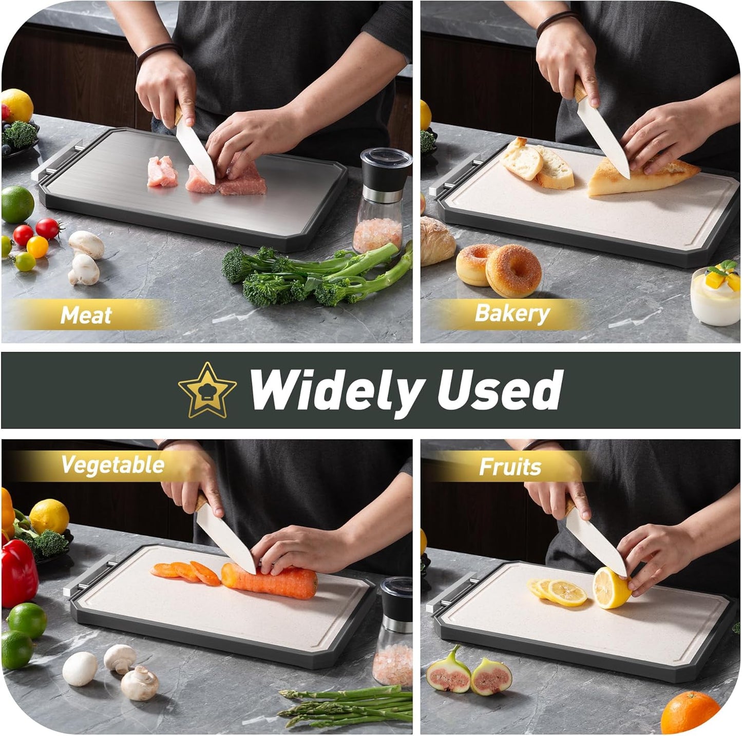 2 in 1 Stainless Steel Cutting Board with Handle Chopping Large Big Small Metal Carving Kitchen Meat Butcher Block Not Titanium Wood Bamboo Glass Marble Stone Rubber Plastic Silicone Acrylic Teak Sink